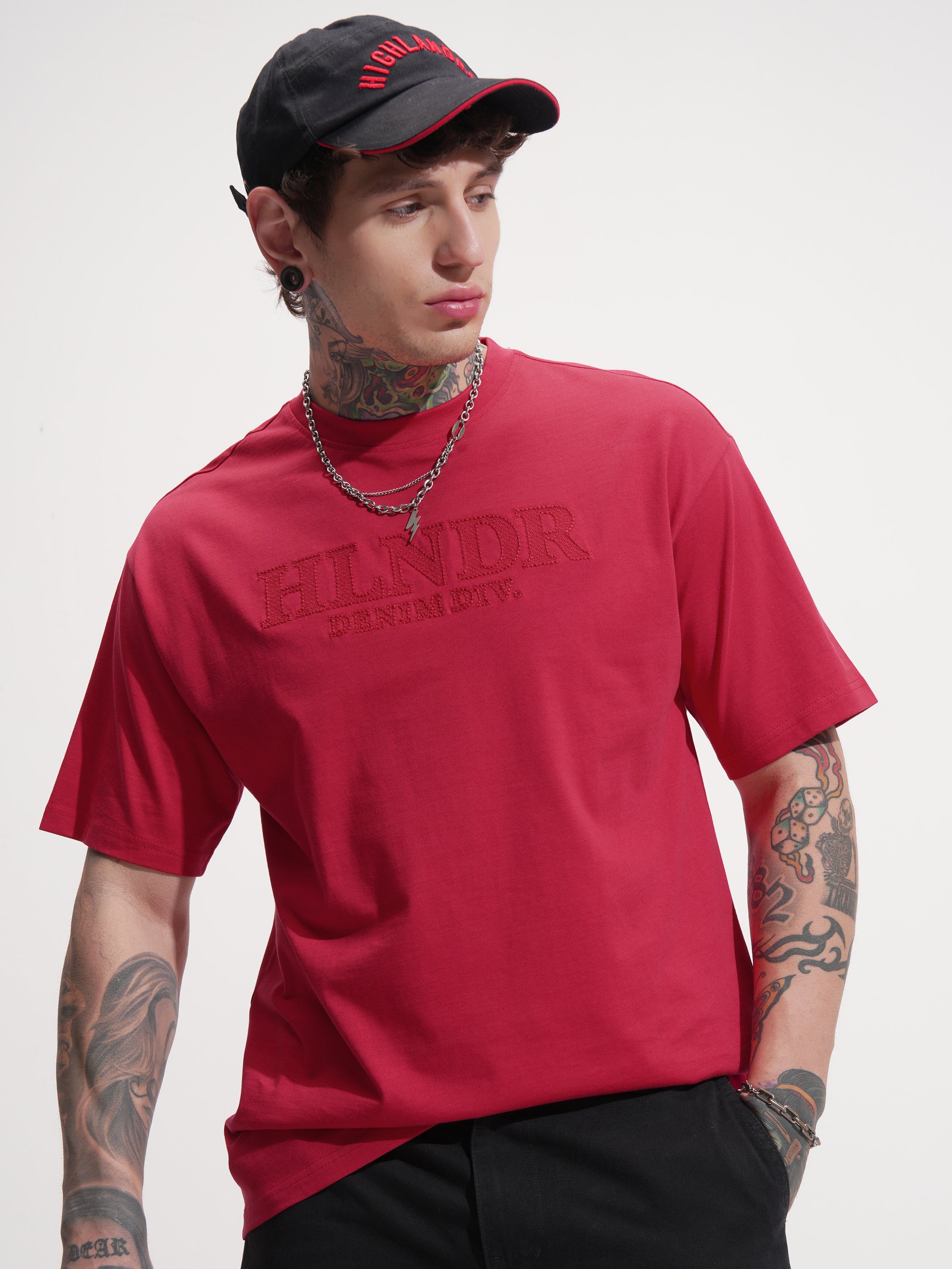 Highlander Men Red Self Design Round Neck T-Shirt - Red - Image 6