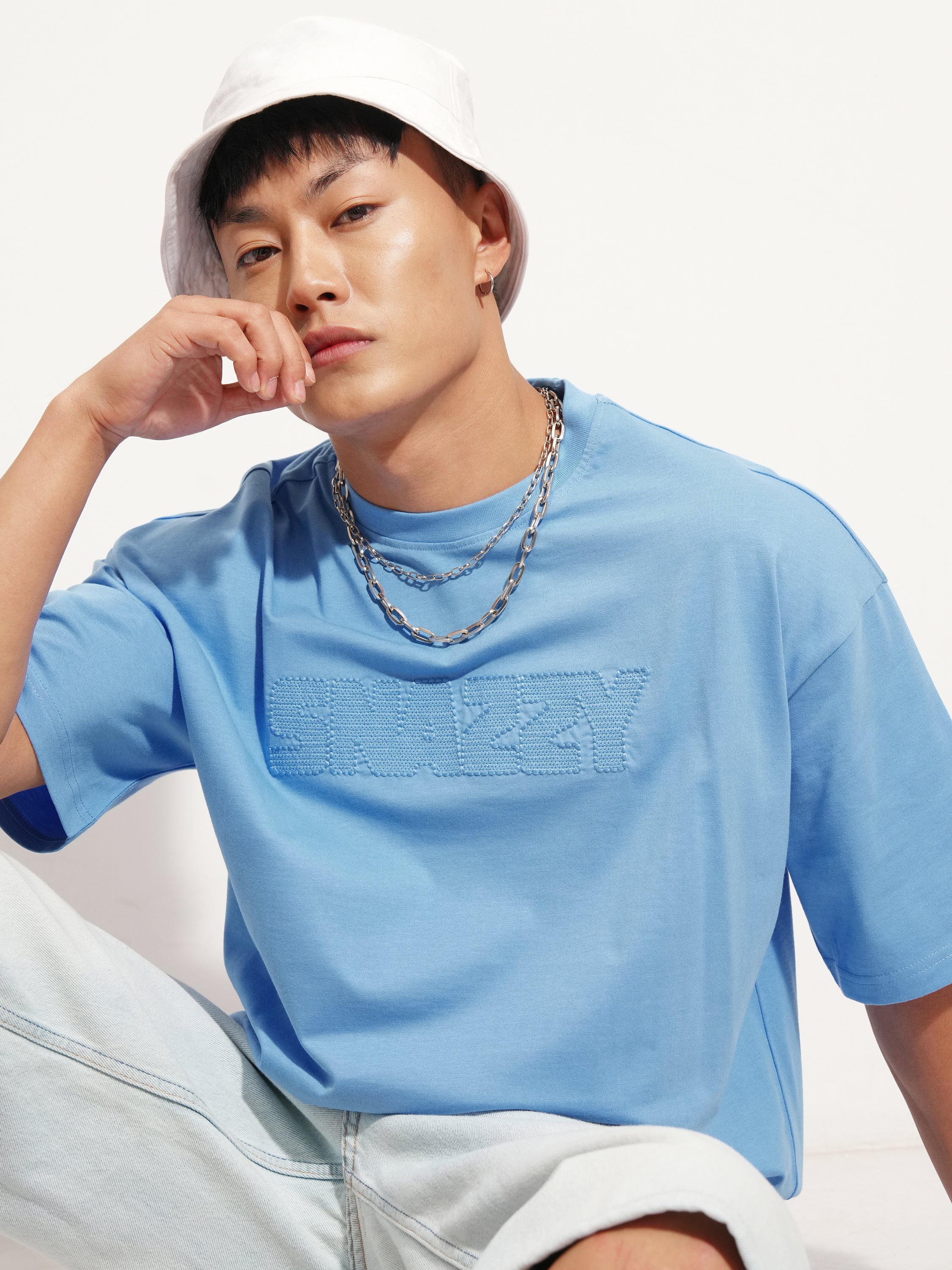 Highlander Men Blue Self Design Round Neck Oversized Fit T-Shirt - Blue - Image 1