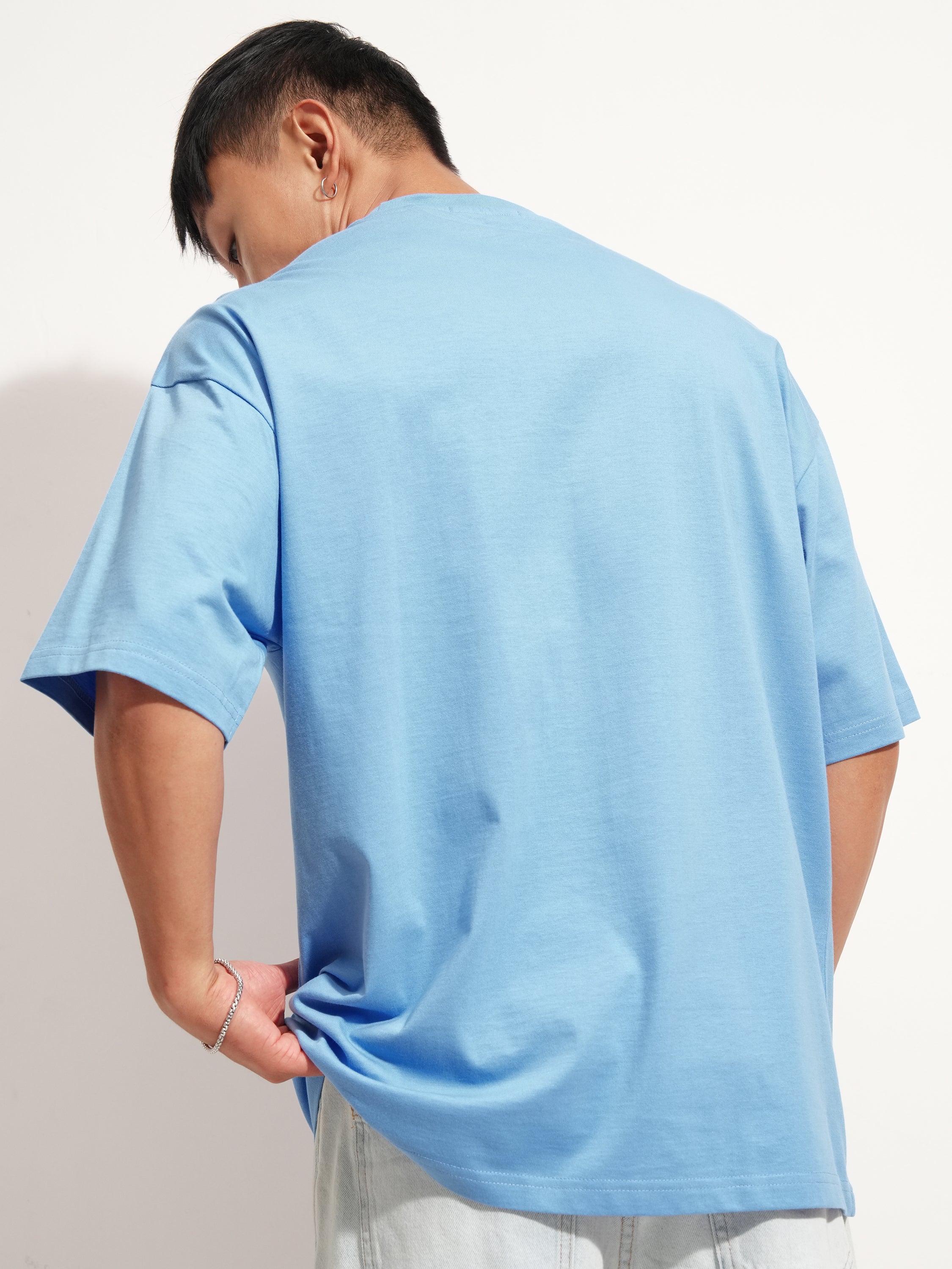 Highlander Men Blue Self Design Round Neck Oversized Fit T-Shirt - Blue - Image 3