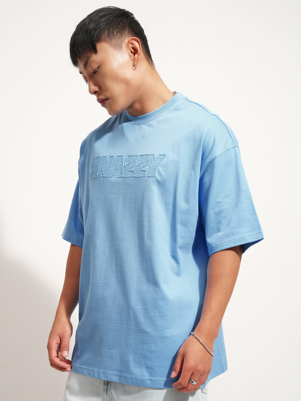 Highlander Men Blue Self Design Round Neck Oversized Fit T-Shirt - Blue - Image 4