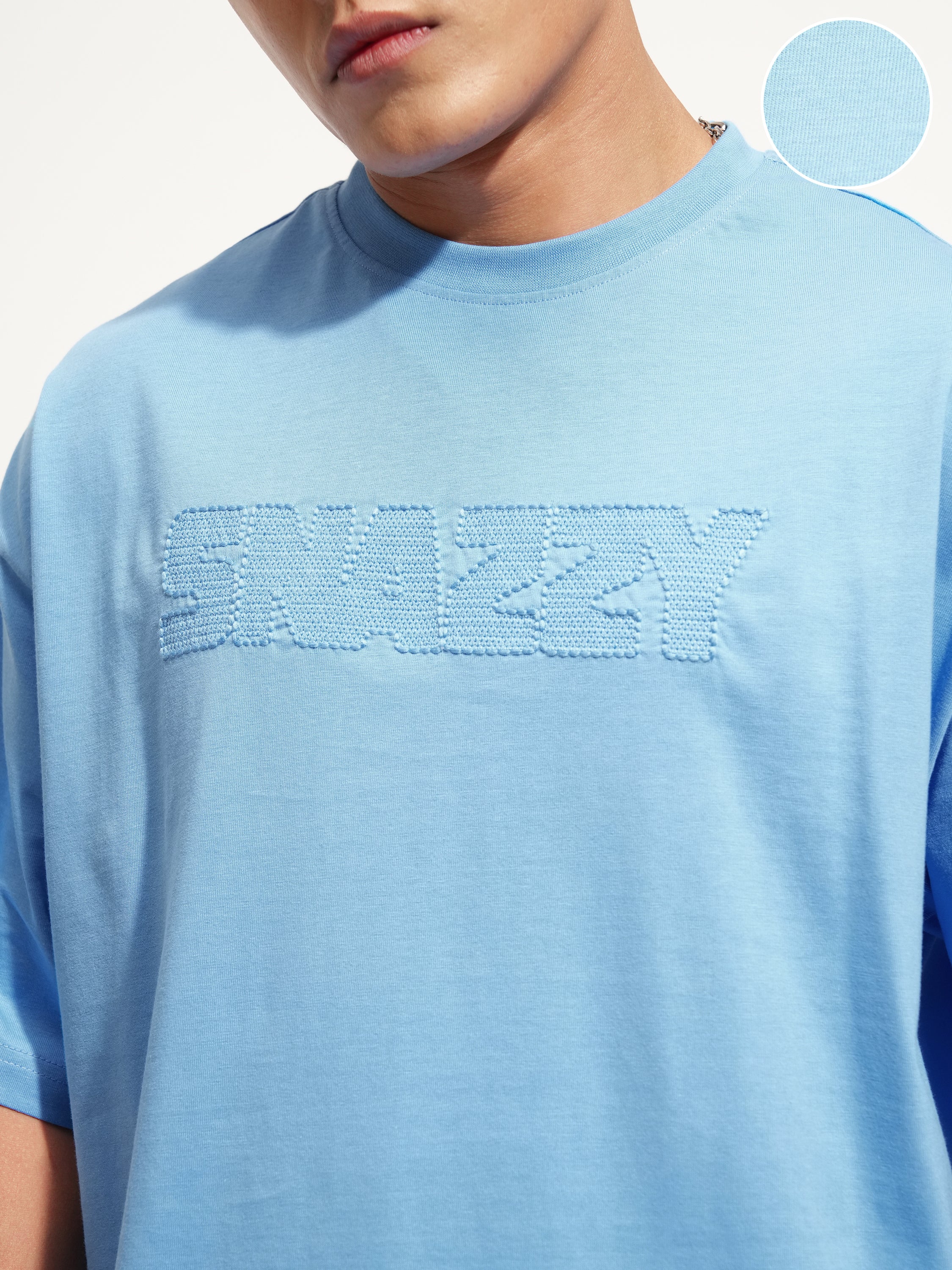 Highlander Men Blue Self Design Round Neck Oversized Fit T-Shirt - Blue - Image 5