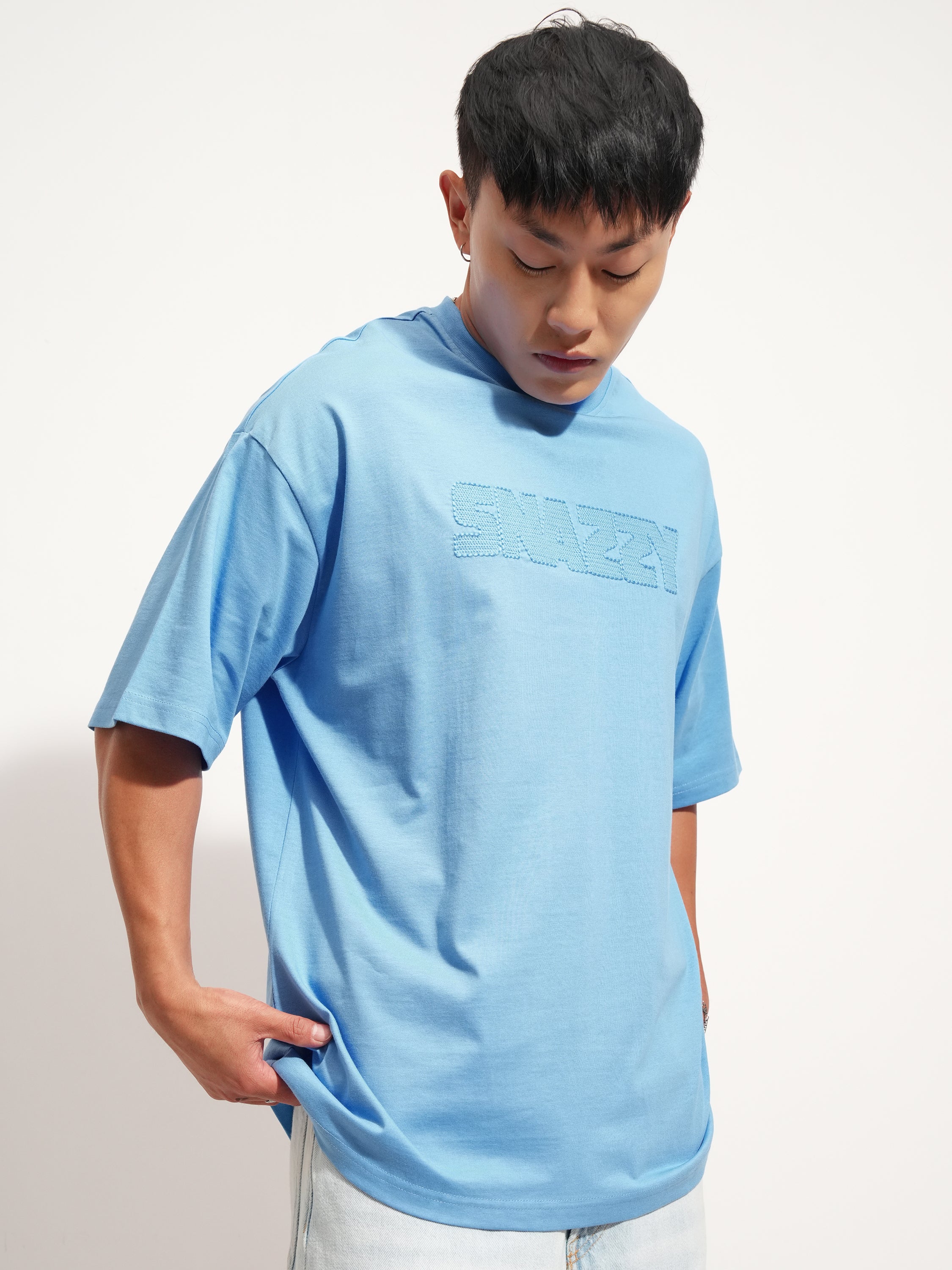 Highlander Men Blue Self Design Round Neck Oversized Fit T-Shirt - Blue - Image 6
