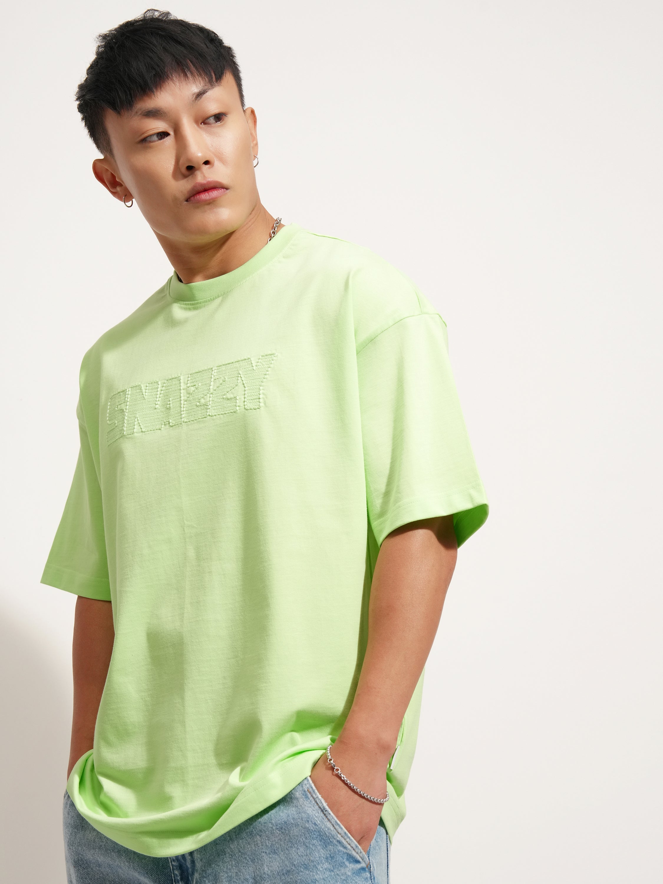 Highlander Men Green Self Design Round Neck Oversized Fit T-Shirt - Green - Image 4