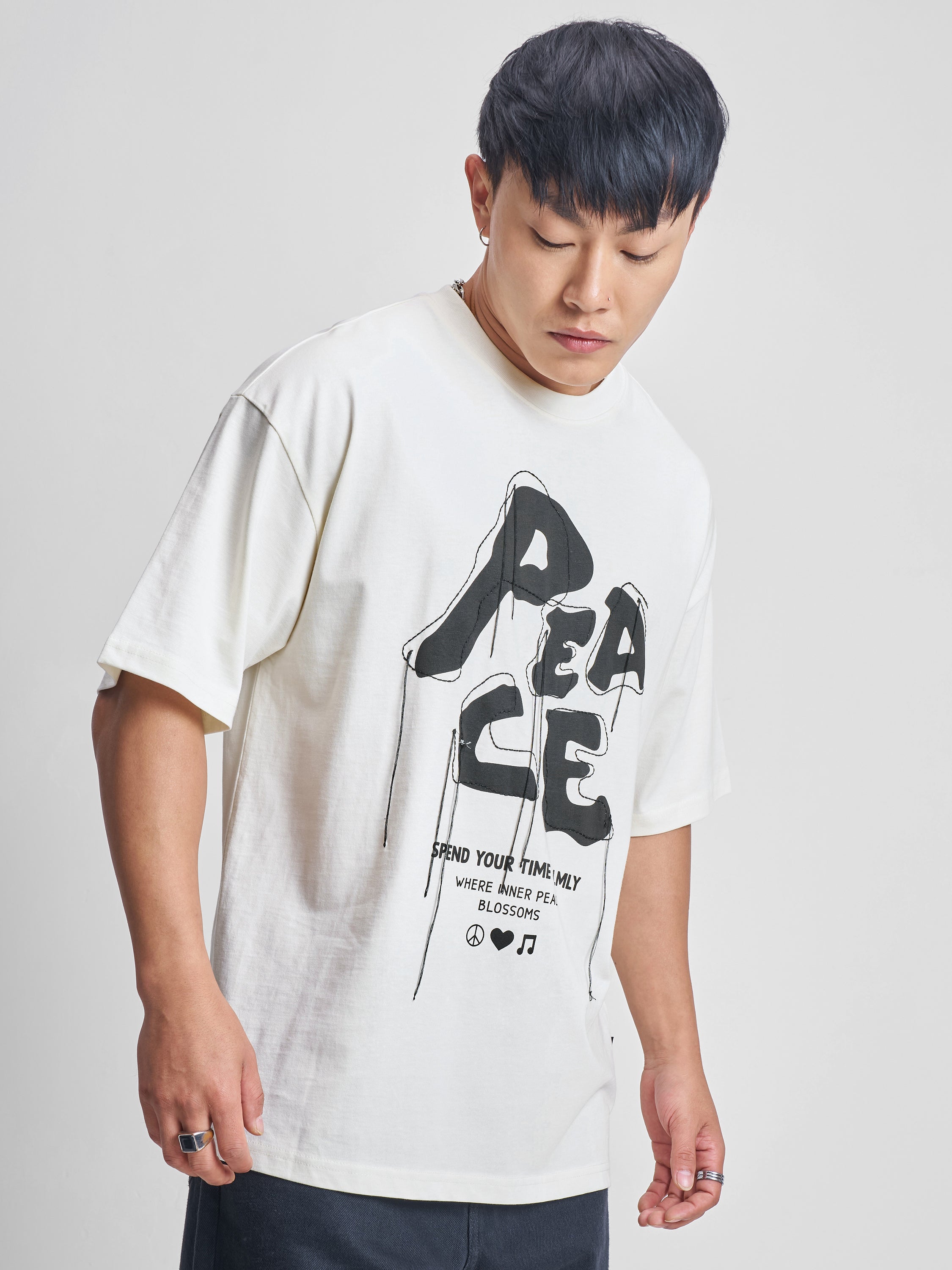 Highlander Men Cream Printed Round Neck Oversized Fit T-Shirt - Cream - Image 6