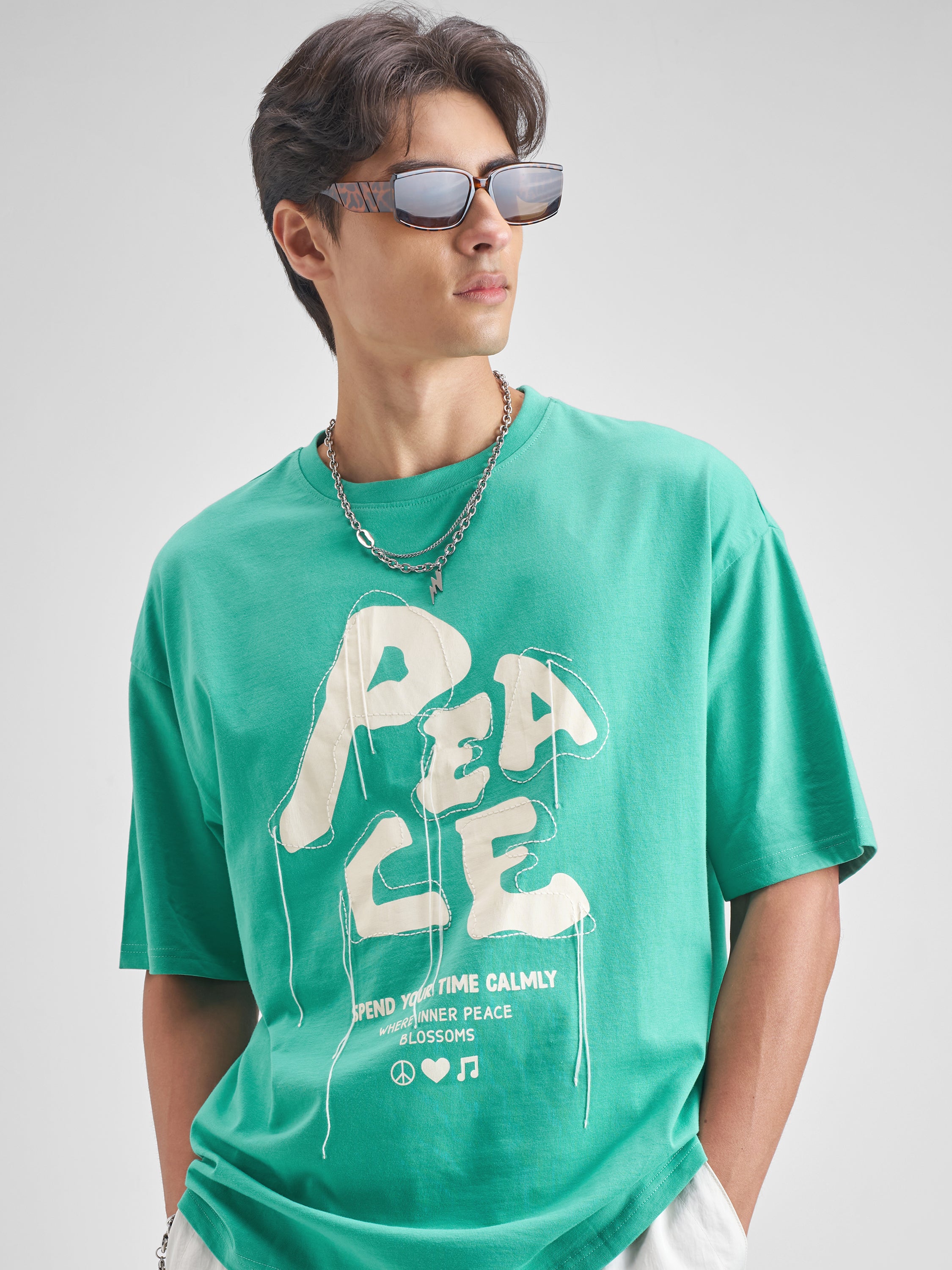 Highlander Men Turquoise Embroidered Round Neck T-Shirt - Turquoise - Image 1