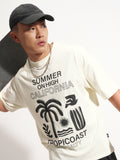 Highlander Men Cream Printed Round Neck Oversized Fit T-Shirt - Cream - Image 1