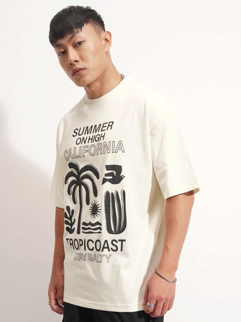 Highlander Men Cream Printed Round Neck Oversized Fit T-Shirt - Cream - Image 4
