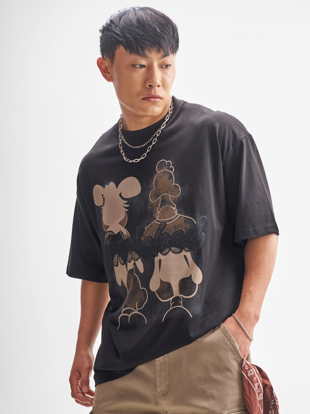Highlander Men Black Printed Round Neck Oversized Fit T-Shirt - Black - Image 3
