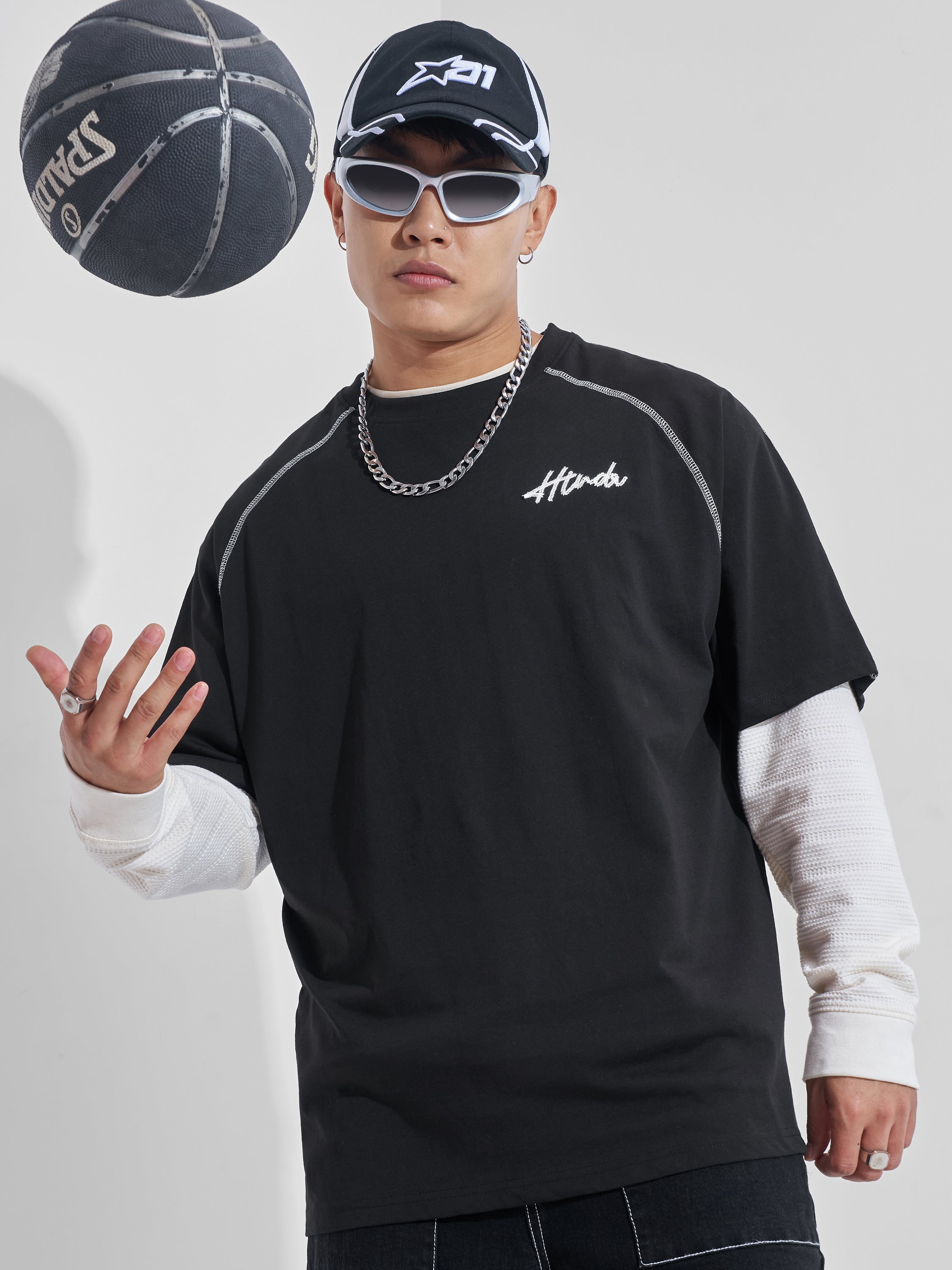 Highlander Men Black Printed Round Neck Oversized Fit T-Shirt - Black - Image 3