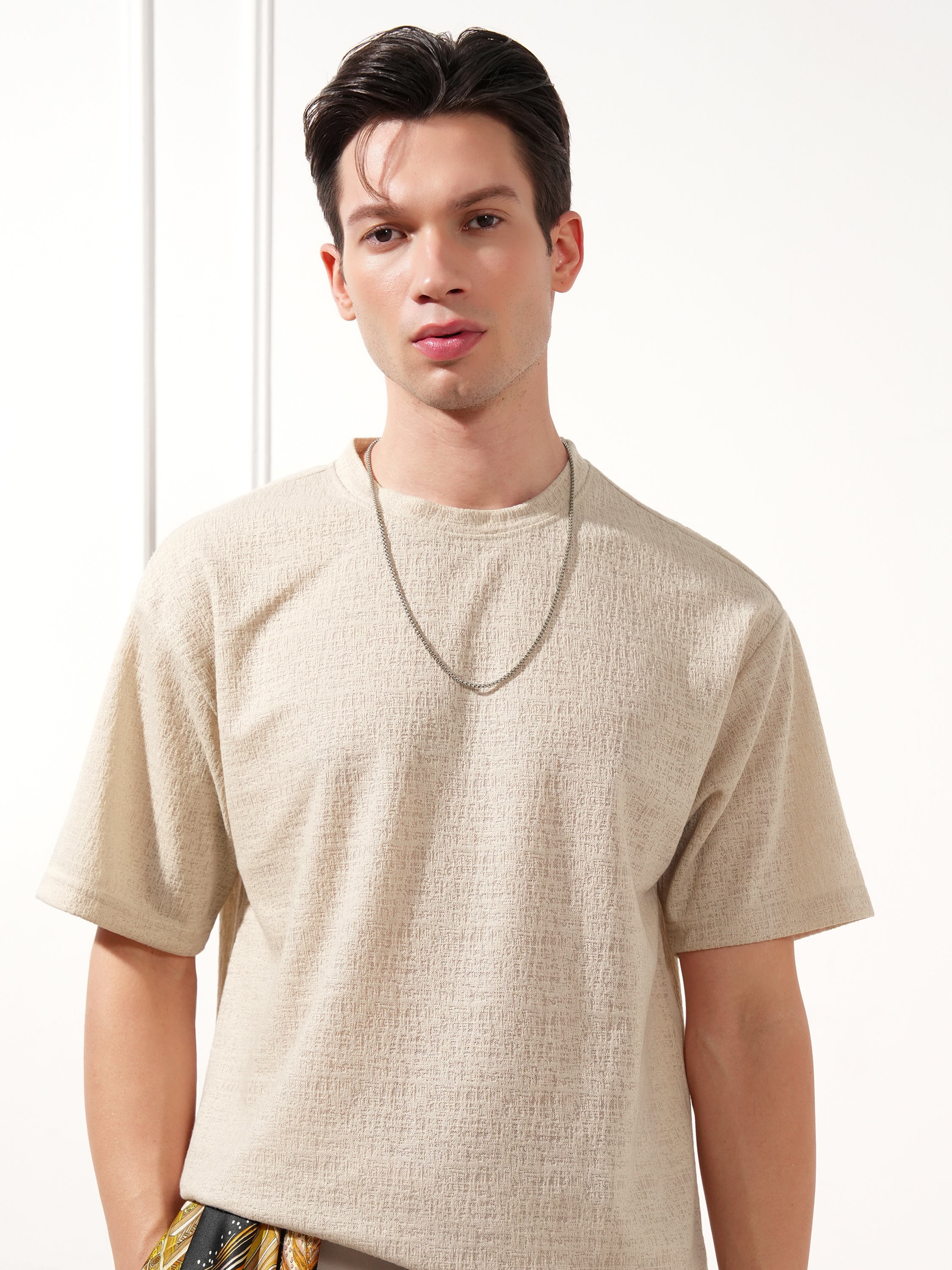 Highlander Men Cream Solid Round Neck T-Shirt - Cream - Image 1