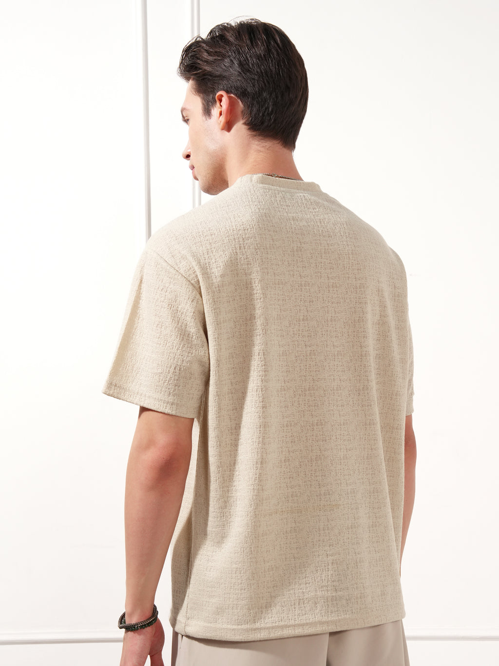 Highlander Men Cream Solid Round Neck T-Shirt - Cream - Image 3
