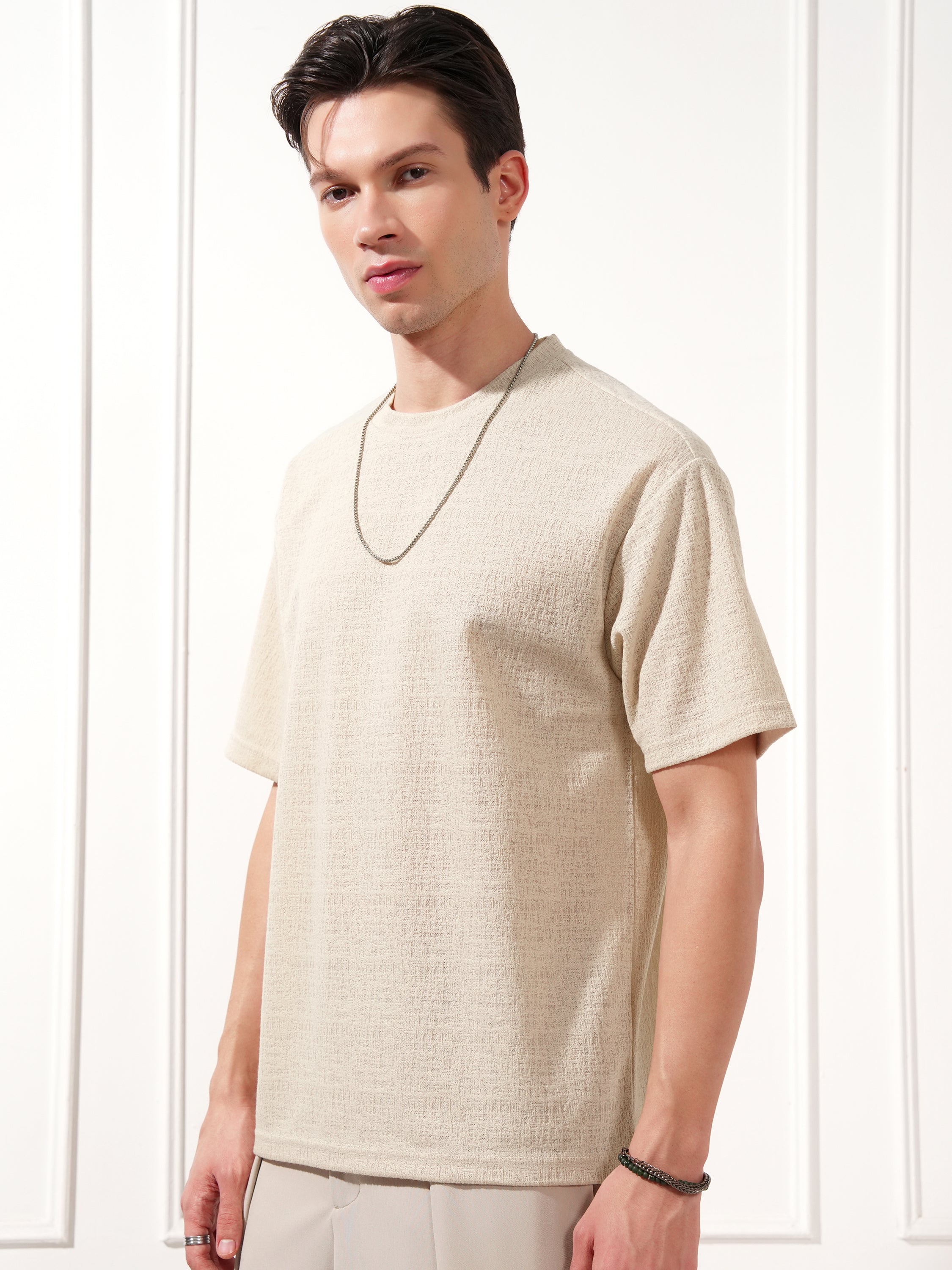 Highlander Men Cream Solid Round Neck T-Shirt - Cream - Image 4