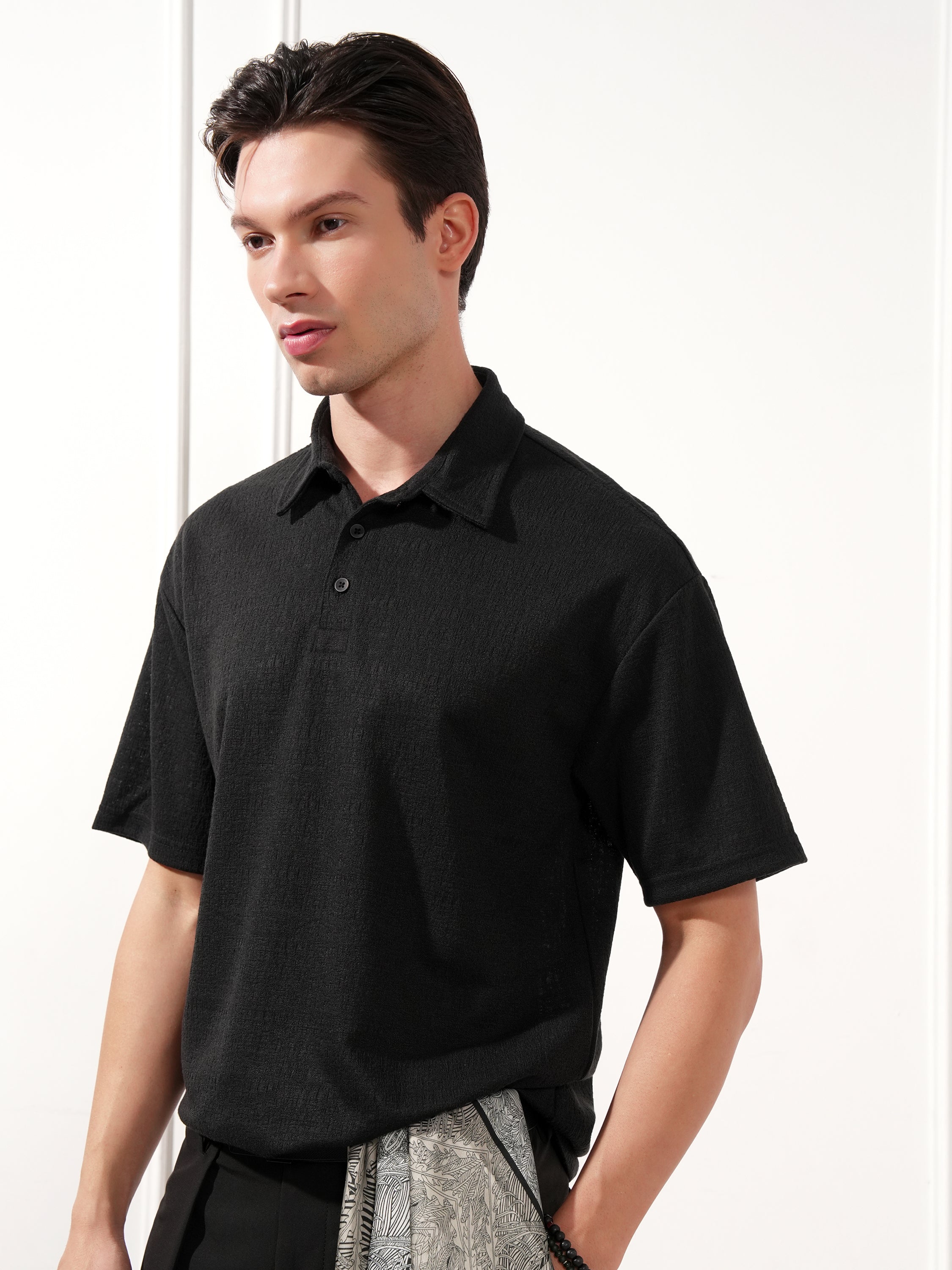Highlander Men Black Solid Polo Collar T-Shirt - Black - Image 4