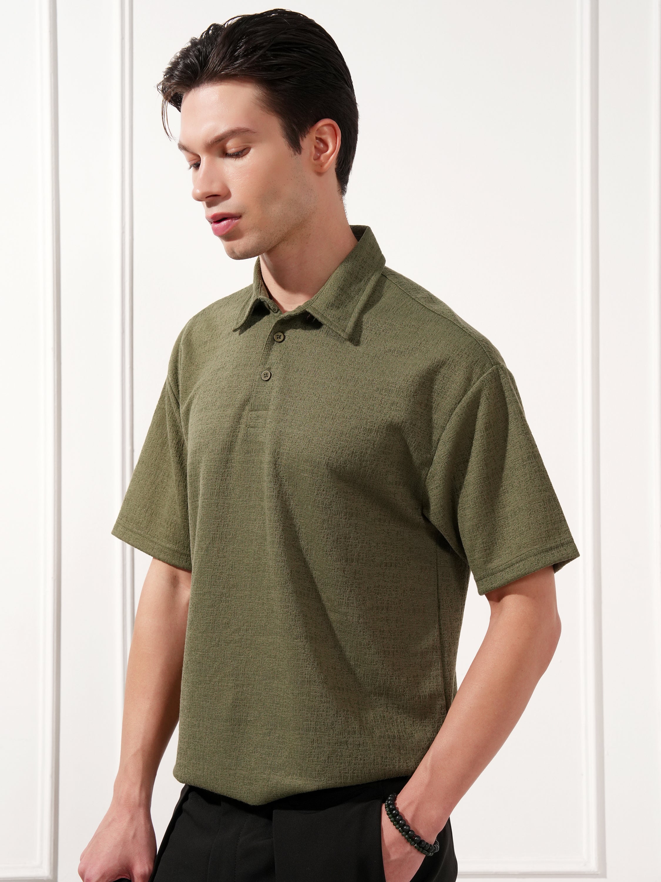 Highlander Men Olive Solid Polo Collar T-Shirt - Olive - Image 4