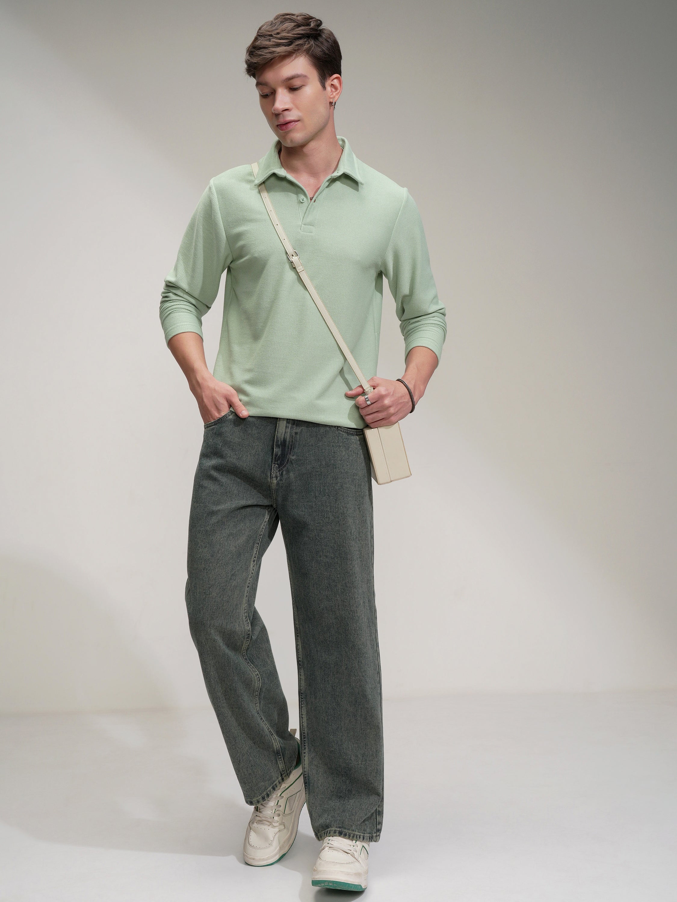 Highlander Men Green Self Design Polo Collar T-Shirt - Green - Image 2