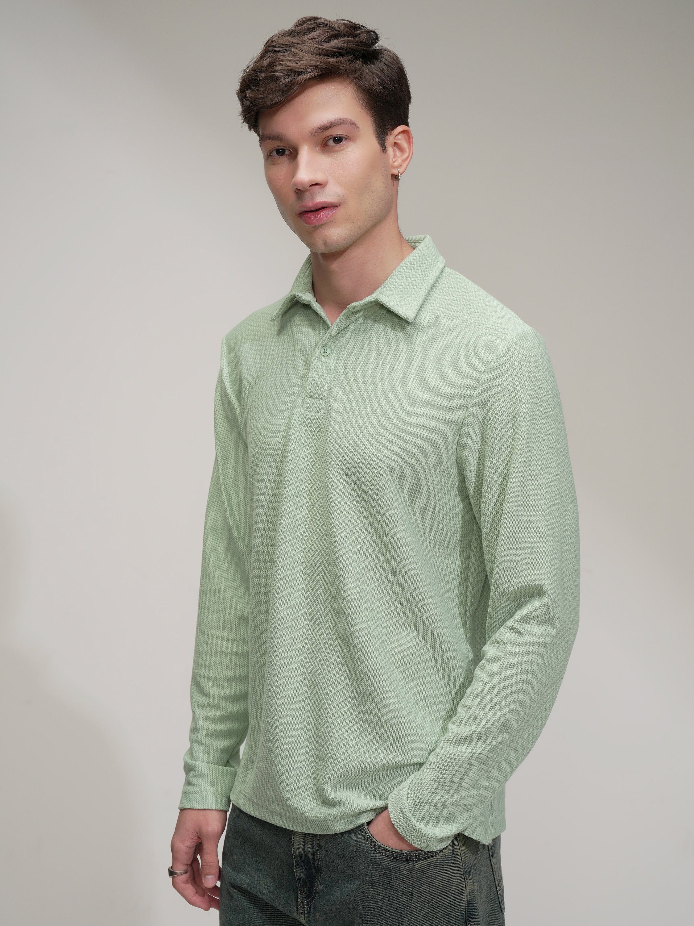 Highlander Men Green Self Design Polo Collar T-Shirt - Green - Image 4
