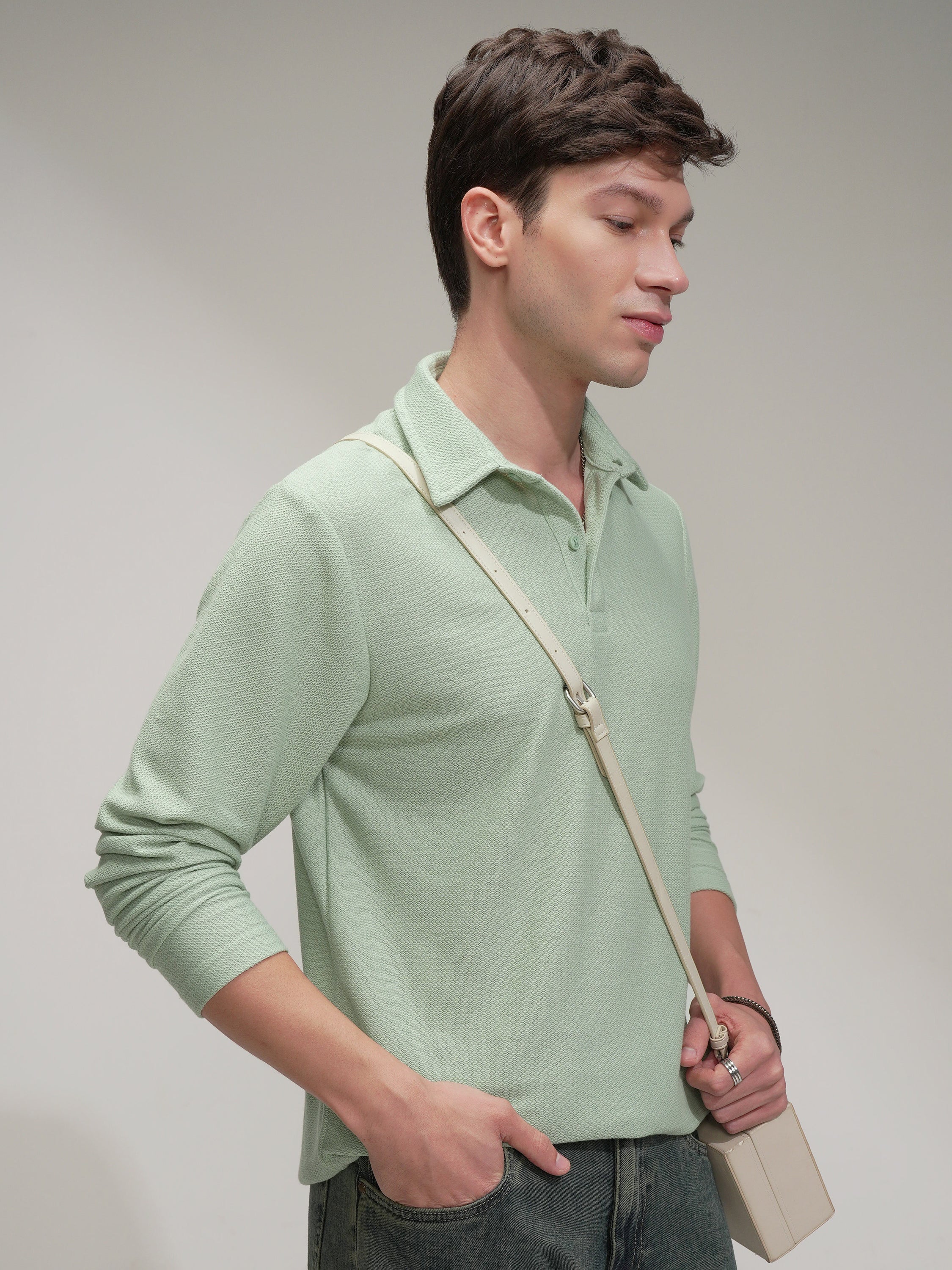 Highlander Men Green Self Design Polo Collar T-Shirt - Green - Image 6