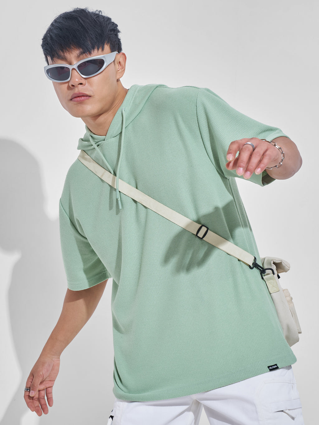 Highlander Men Green Self Design Hood Oversized Fit T-Shirt - Green - Image 1