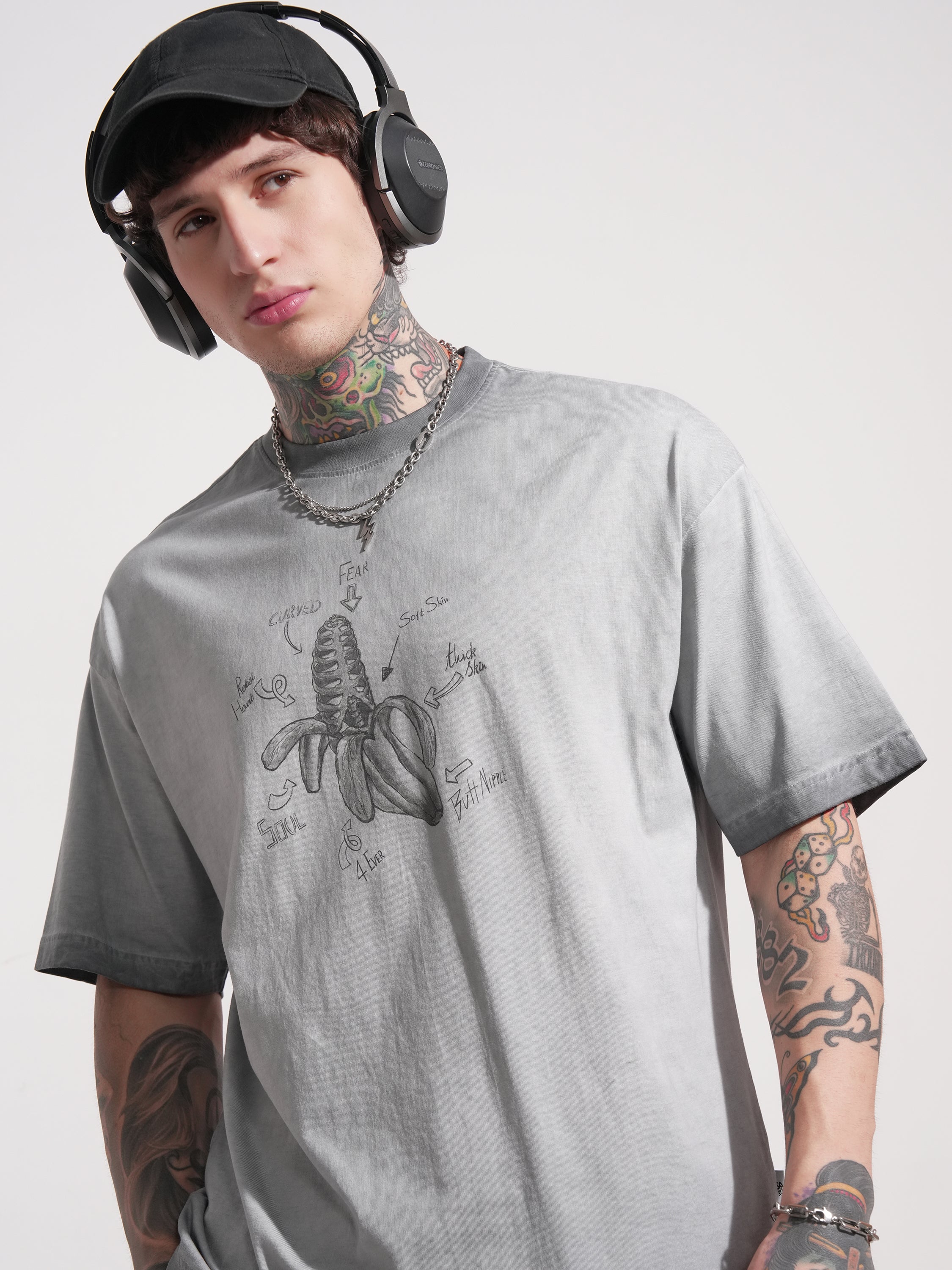 Highlander Men Grey Printed Round Neck Oversized Fit T-Shirt - Grey - Image 1