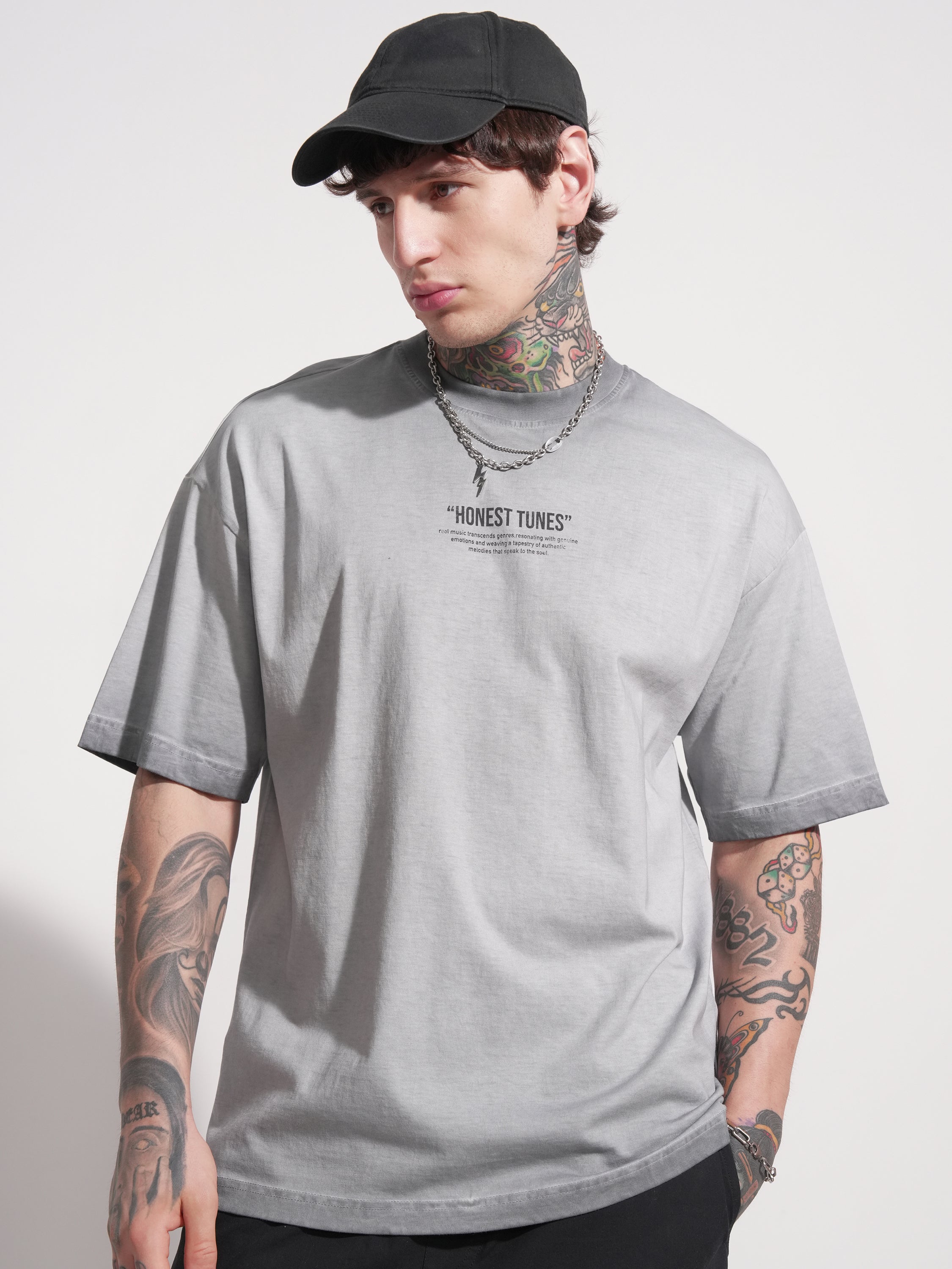 Highlander Men Grey Printed Round Neck Oversized Fit T-Shirt - Grey - Image 3