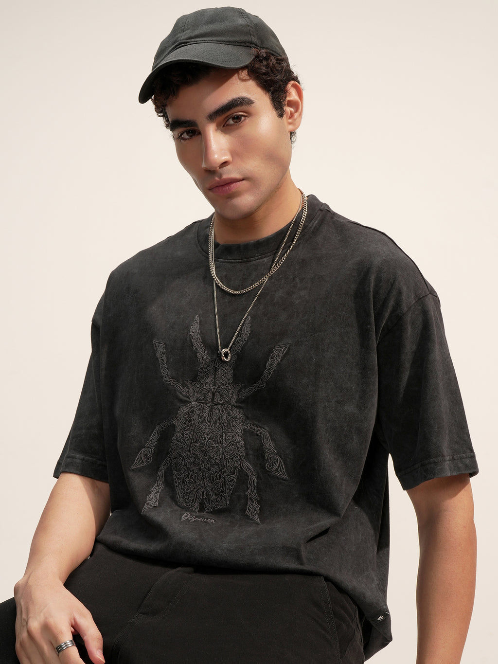 Highlander Men Black Embroidered Round Neck Oversized Fit T-Shirt - Black - Image 1