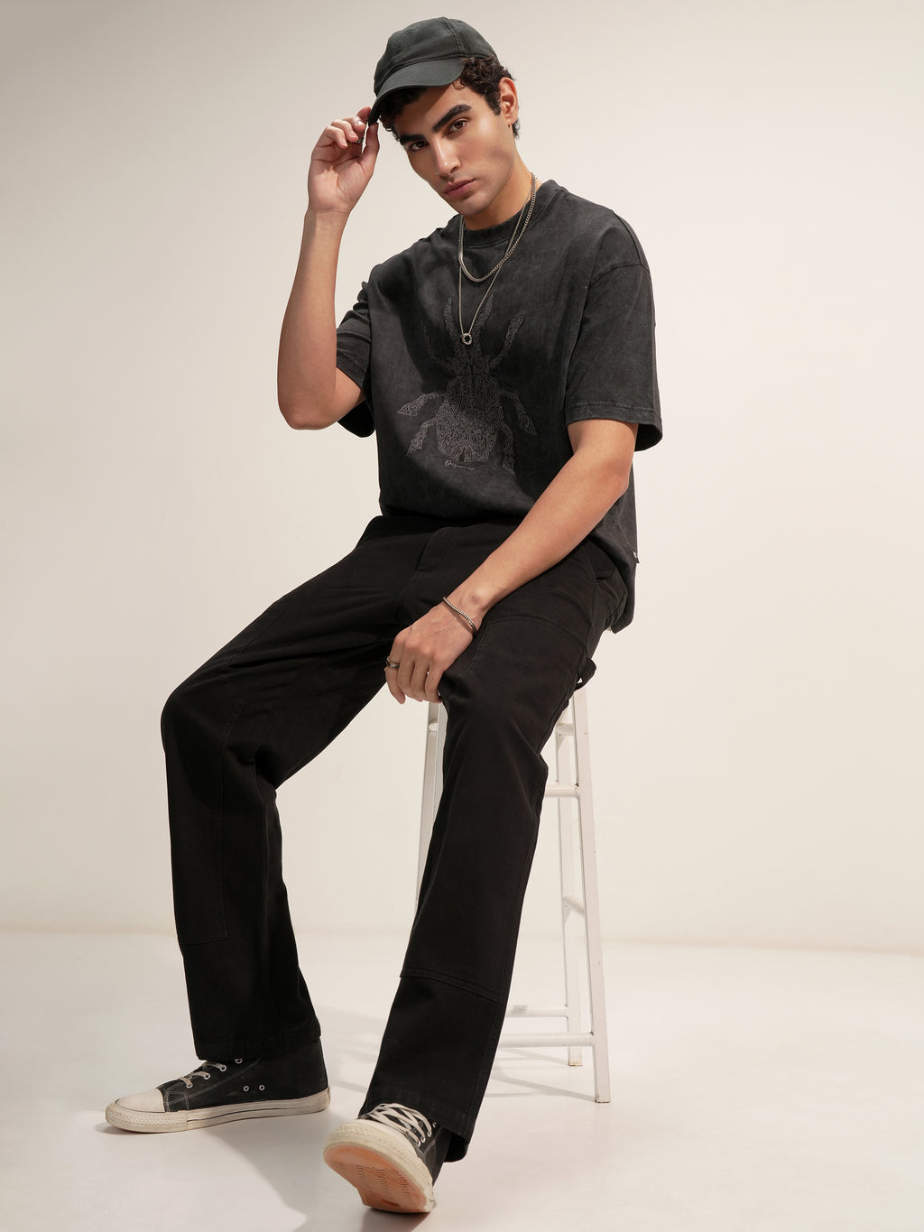 Highlander Men Black Embroidered Round Neck Oversized Fit T-Shirt - Black - Image 2