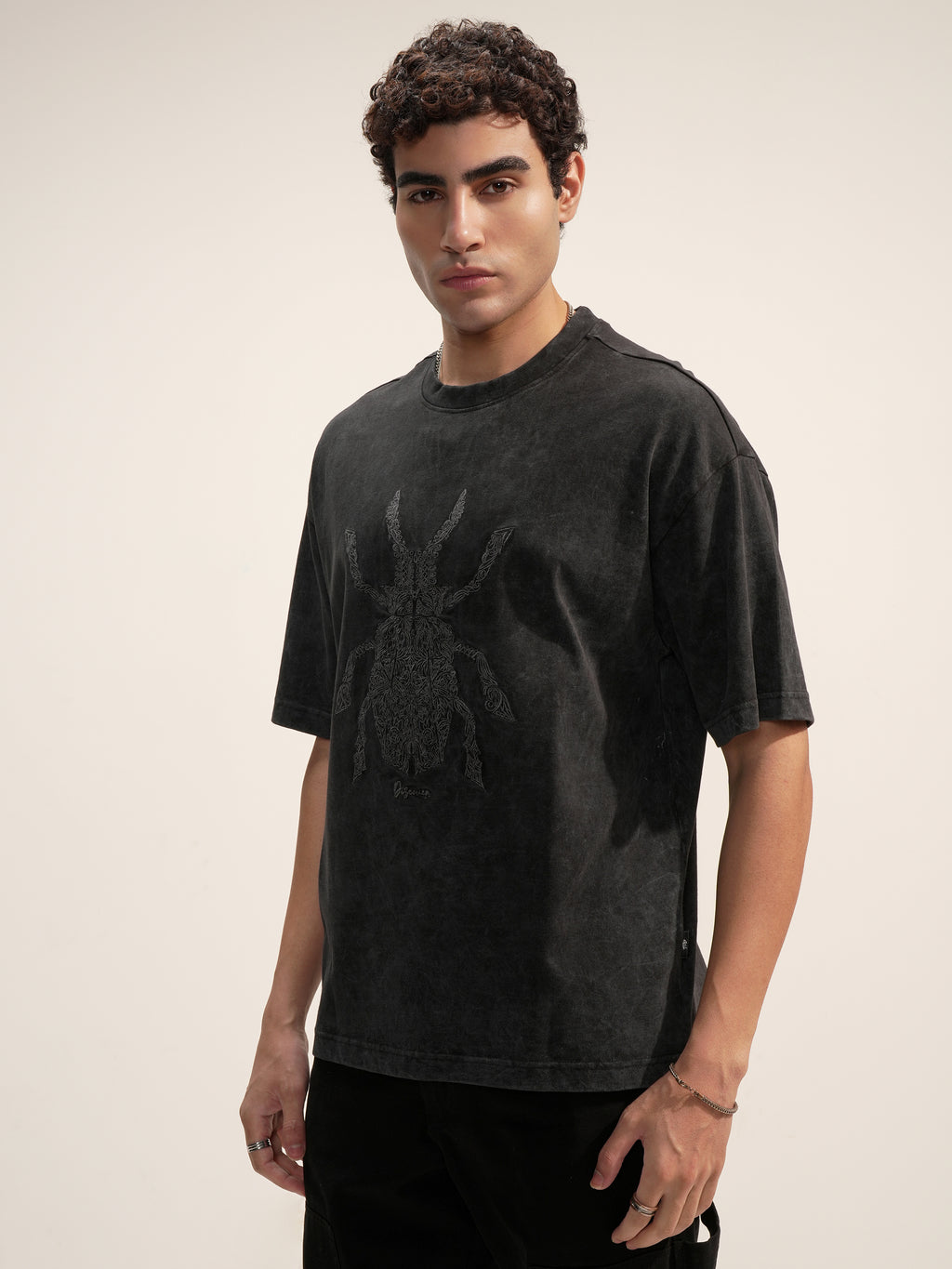 Highlander Men Black Embroidered Round Neck Oversized Fit T-Shirt - Black - Image 4