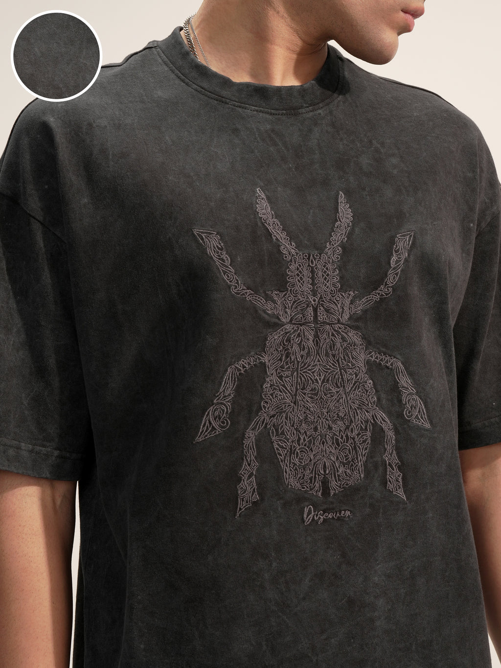 Highlander Men Black Embroidered Round Neck Oversized Fit T-Shirt - Black - Image 5