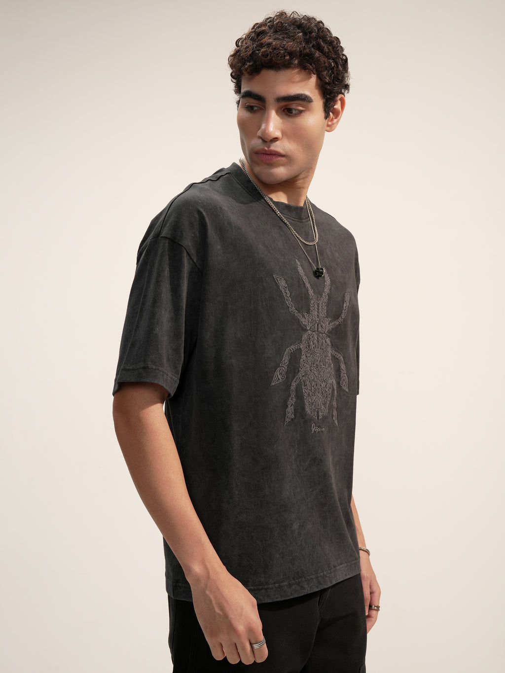 Highlander Men Black Embroidered Round Neck Oversized Fit T-Shirt - Black - Image 6