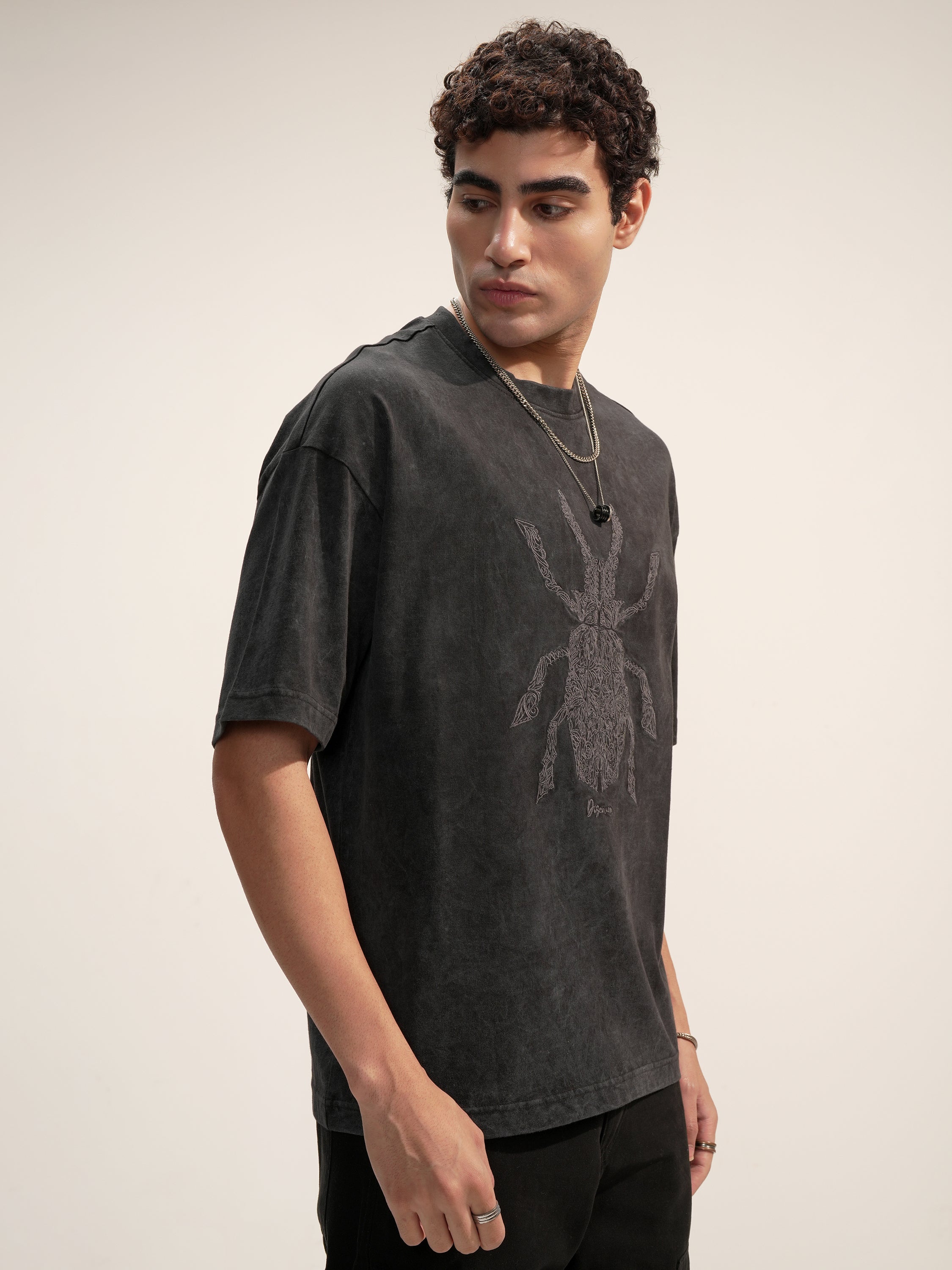 Highlander Men Black Embroidered Round Neck Oversized Fit T-Shirt - Black - Image 6