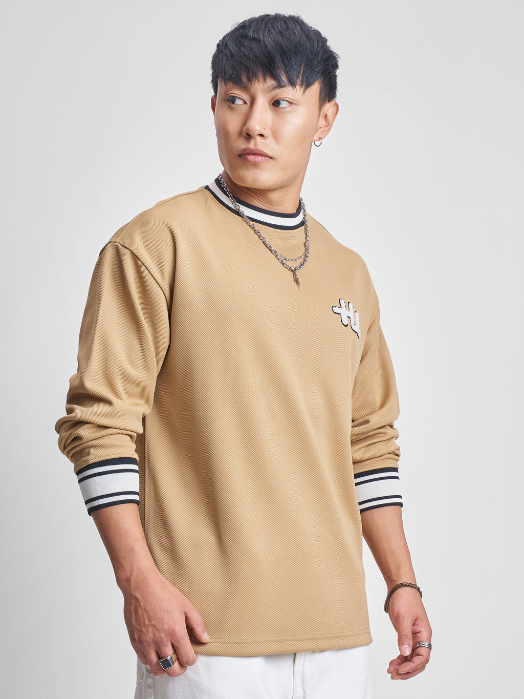 Highlander Men Beige Self Design Round Neck T-Shirt - Beige - Image 6