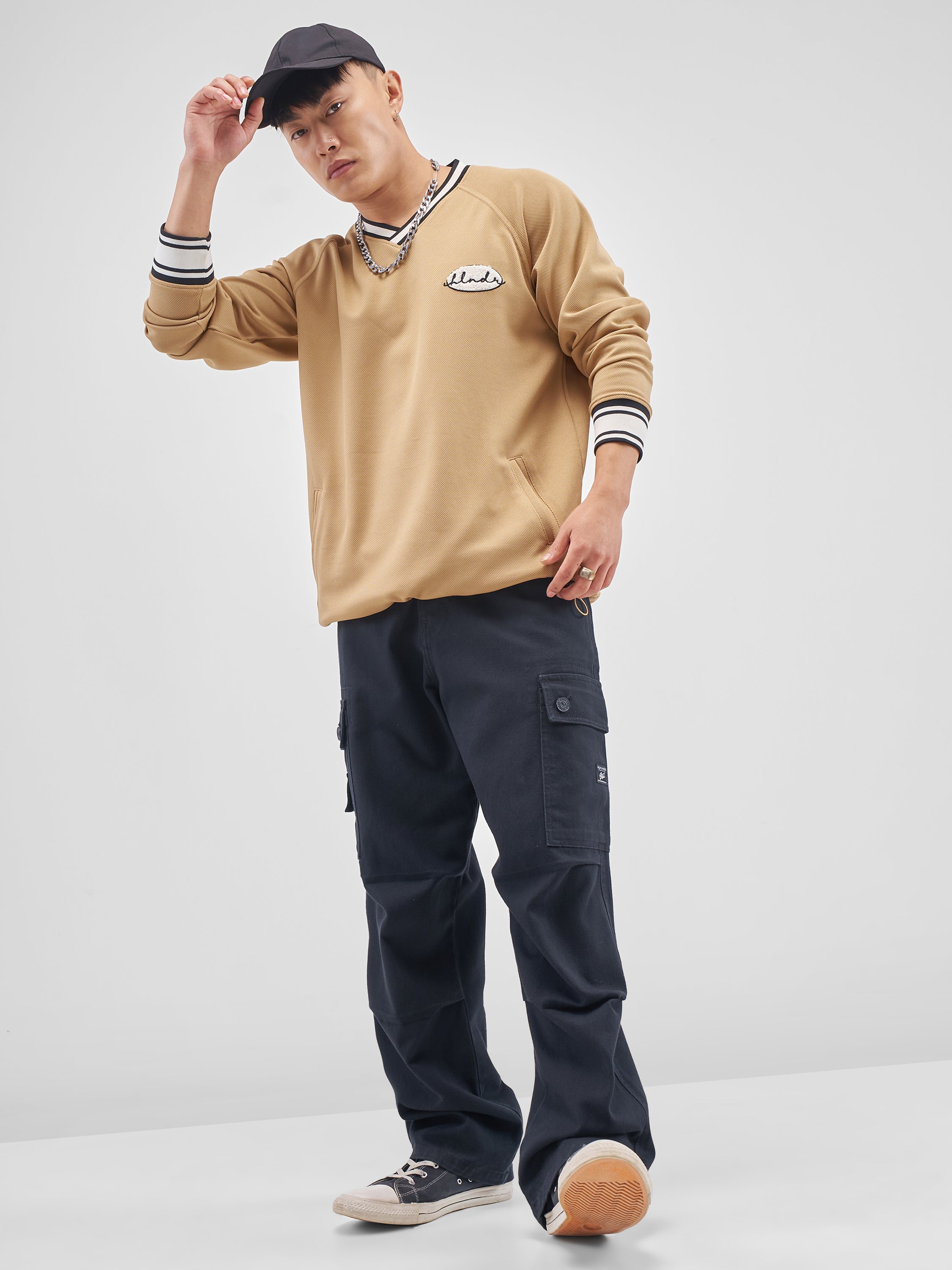 Highlander Men Beige Self Design V-Neck Oversized Fit T-Shirt - Beige - Image 2