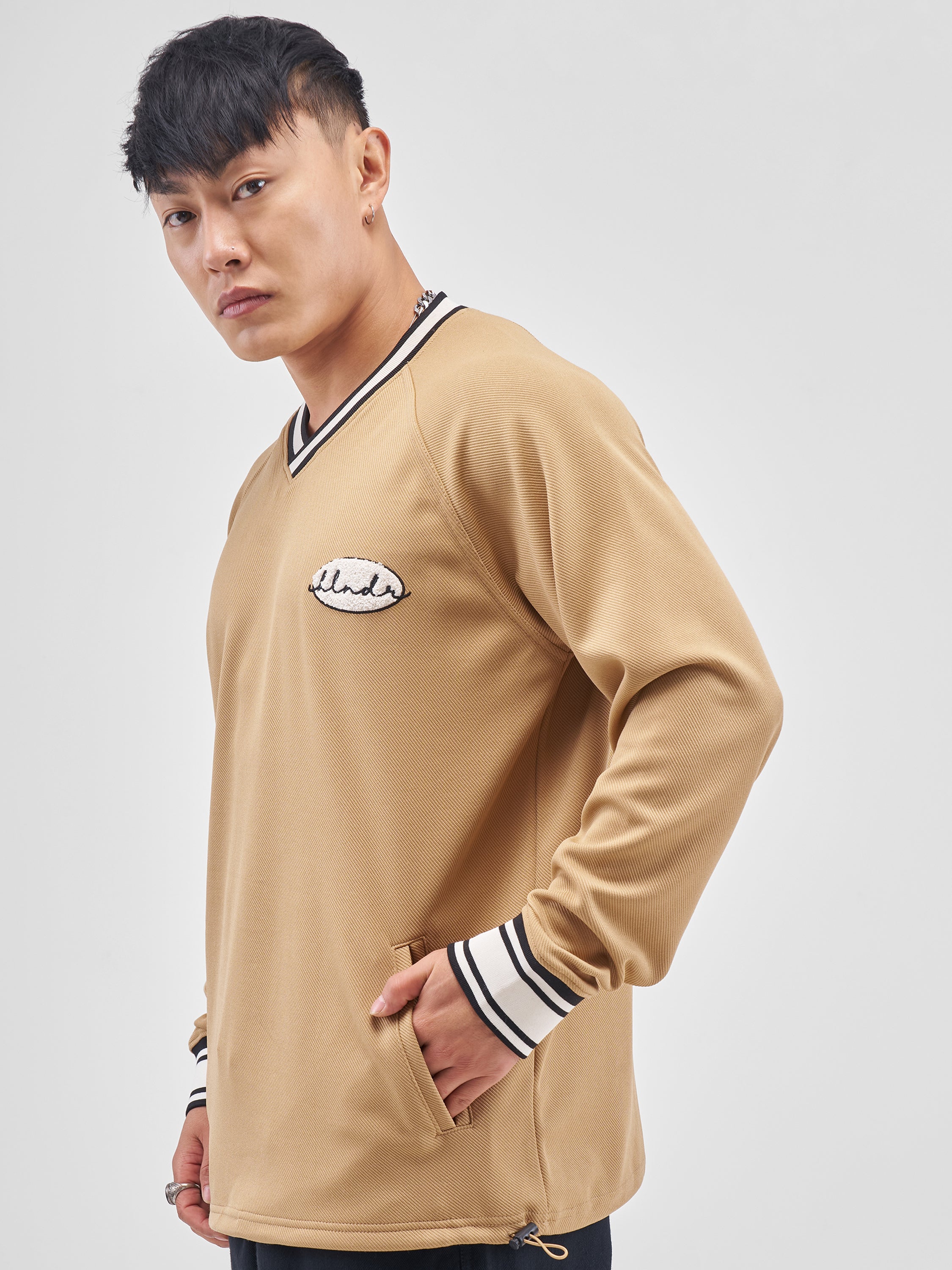 Highlander Men Beige Self Design V-Neck Oversized Fit T-Shirt - Beige - Image 4