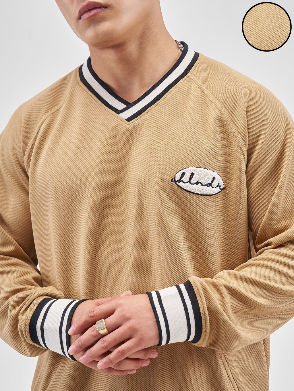 Highlander Men Beige Self Design V-Neck Oversized Fit T-Shirt - Beige - Image 5