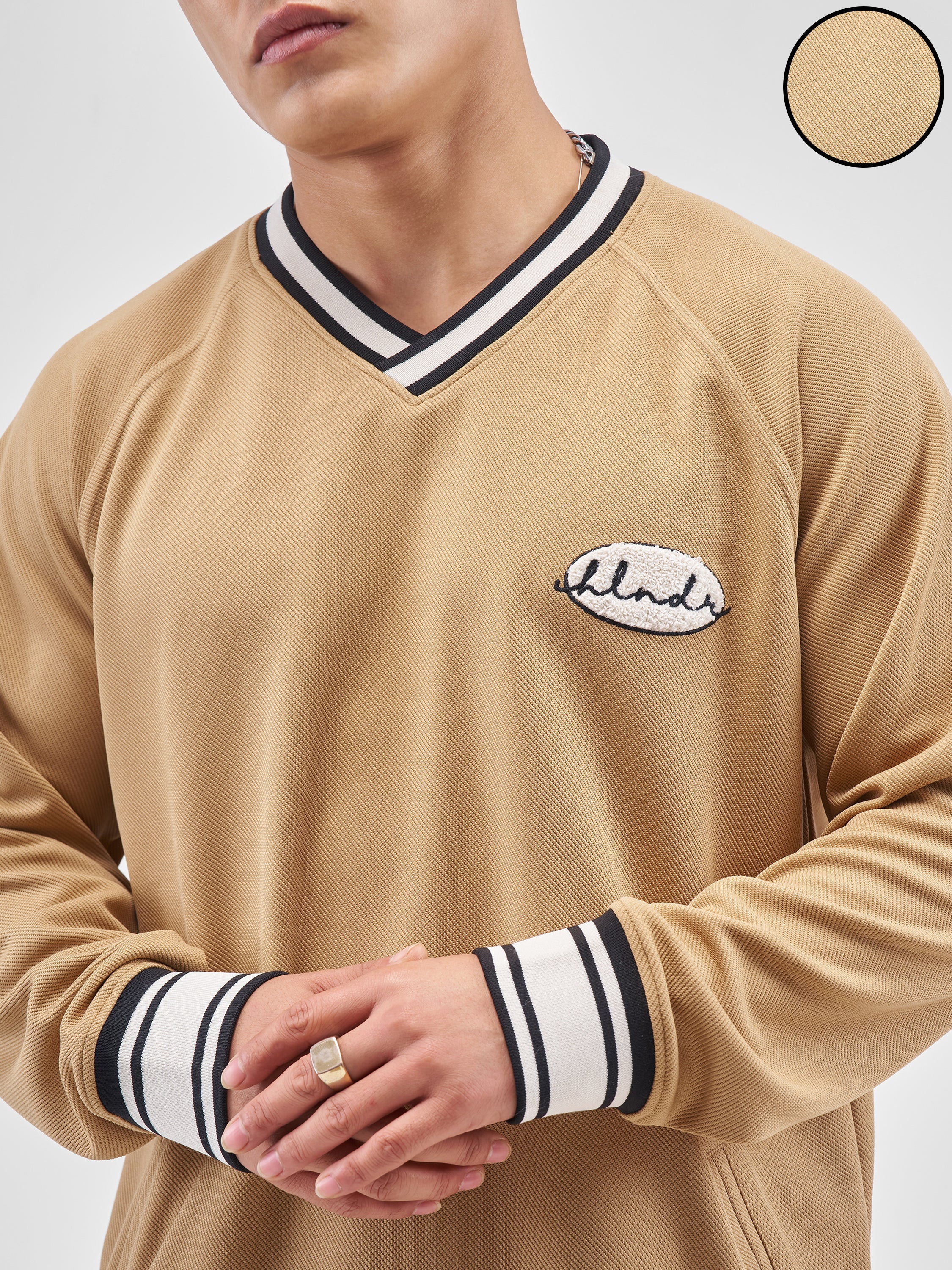 Highlander Men Beige Self Design V-Neck Oversized Fit T-Shirt - Beige - Image 5