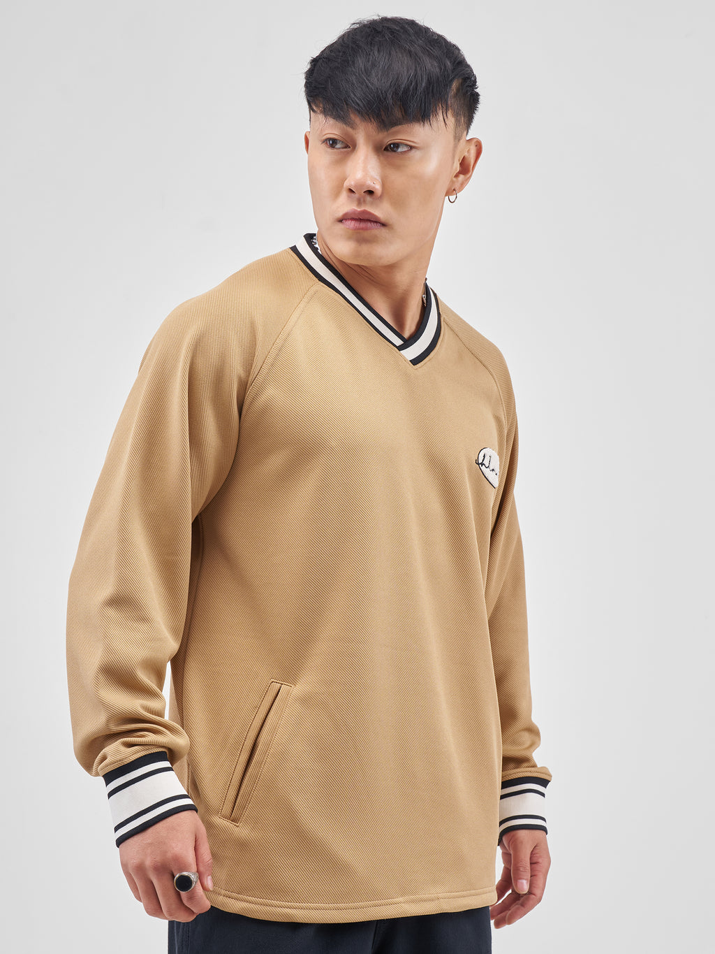 Highlander Men Beige Self Design V-Neck Oversized Fit T-Shirt - Beige - Image 6