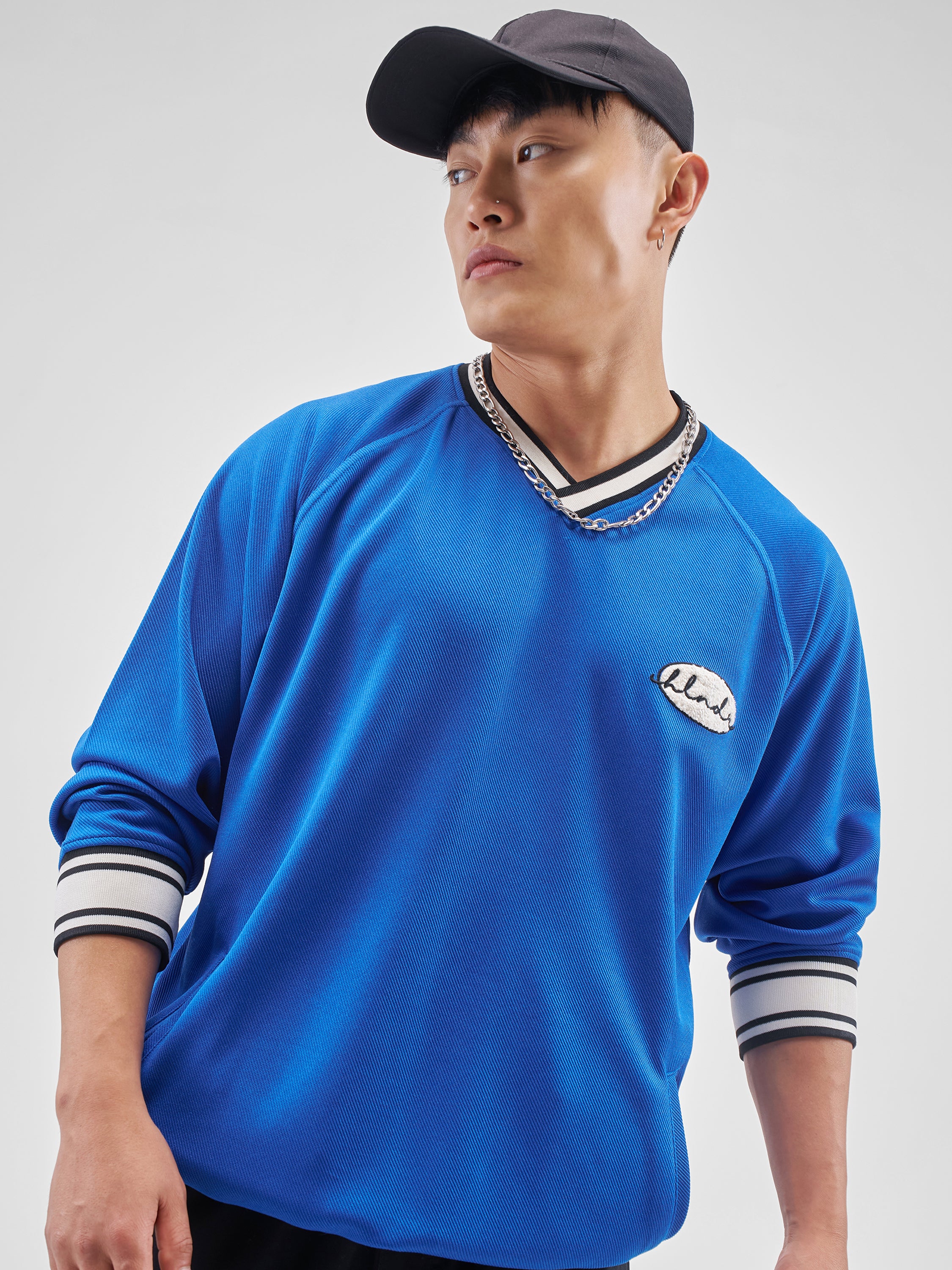 Highlander Men Blue Self Design V-Neck Oversized Fit T-Shirt - Blue - Image 1