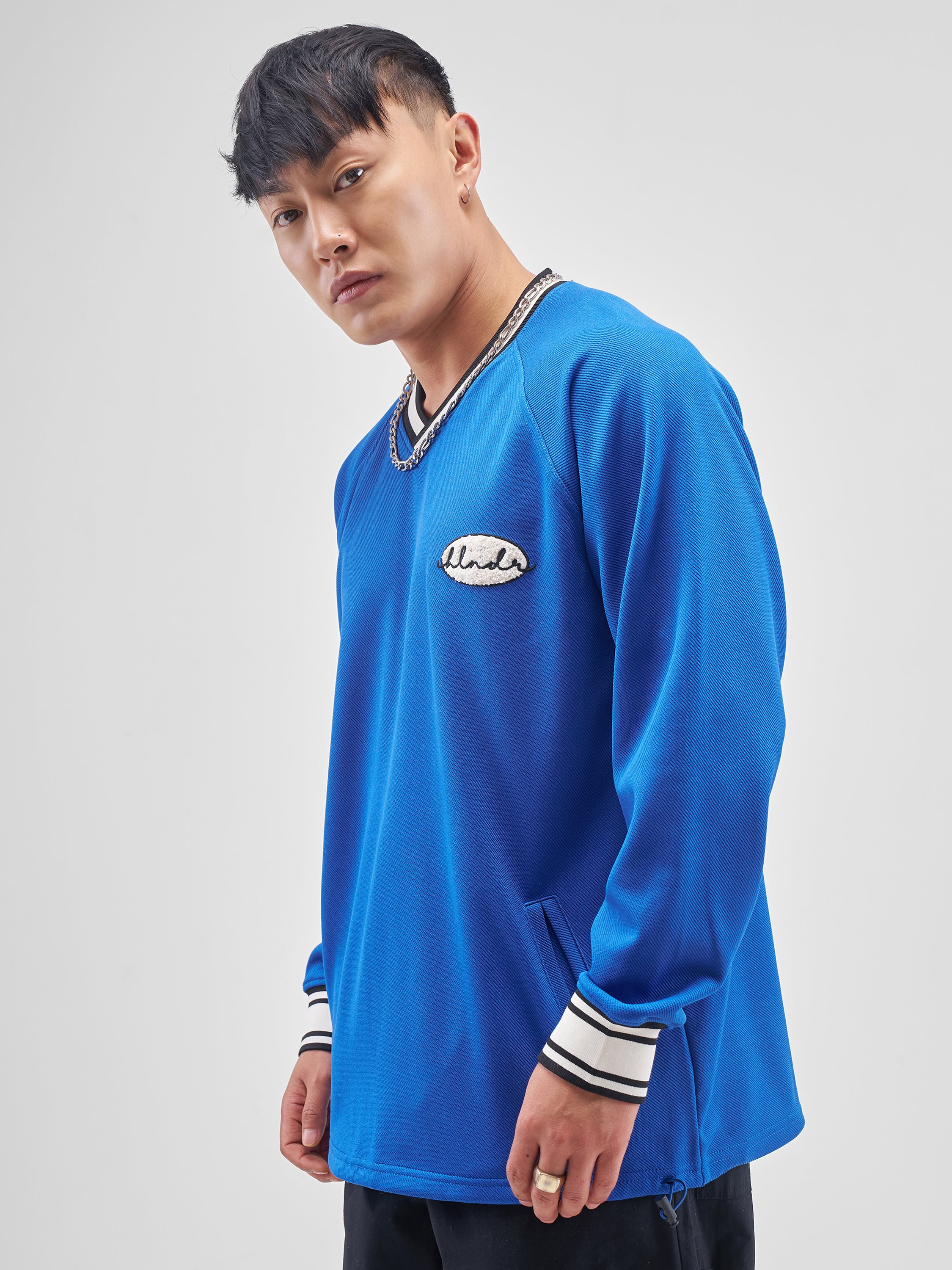 Highlander Men Blue Self Design V-Neck Oversized Fit T-Shirt - Blue - Image 4