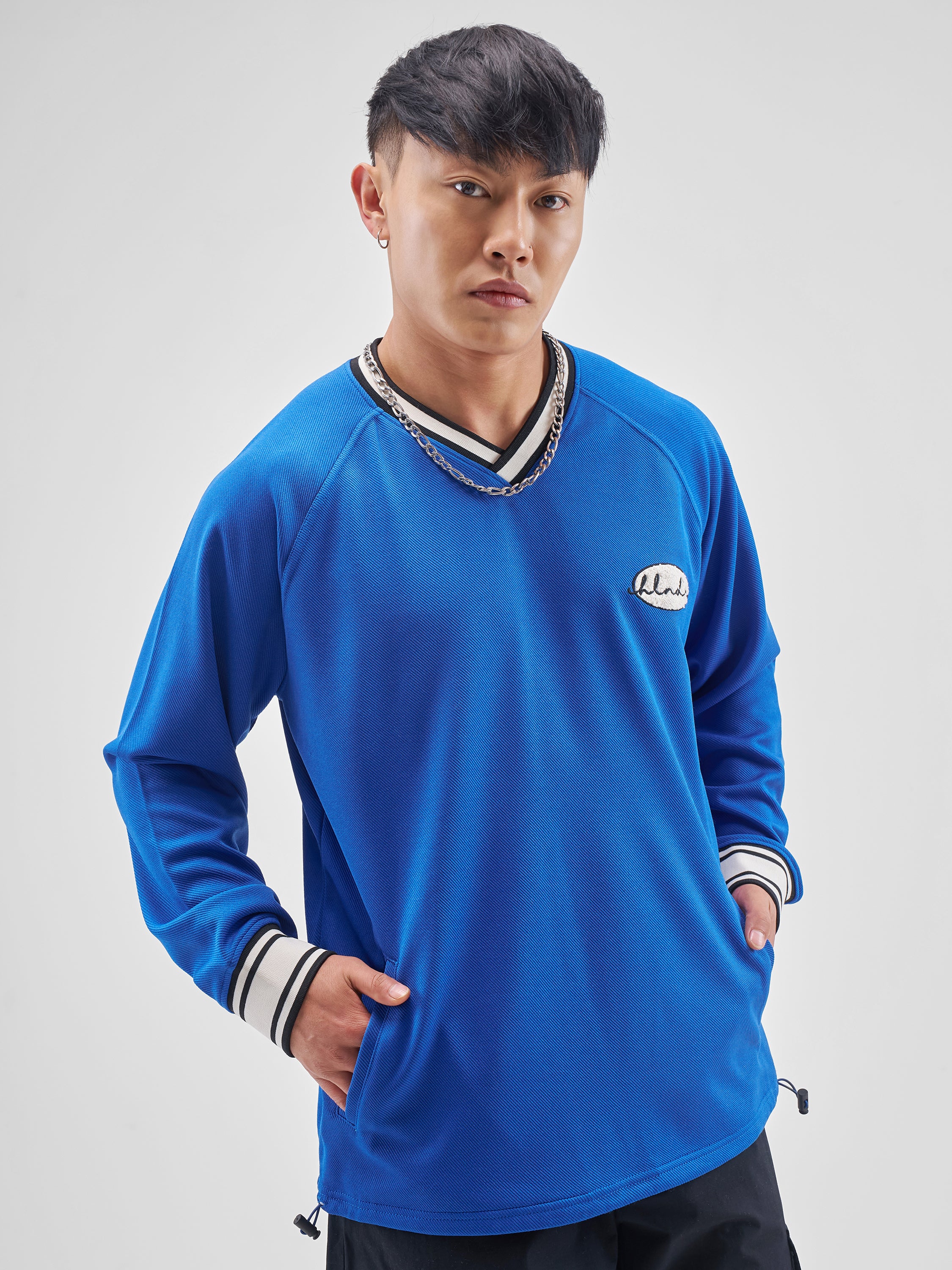 Highlander Men Blue Self Design V-Neck Oversized Fit T-Shirt - Blue - Image 6