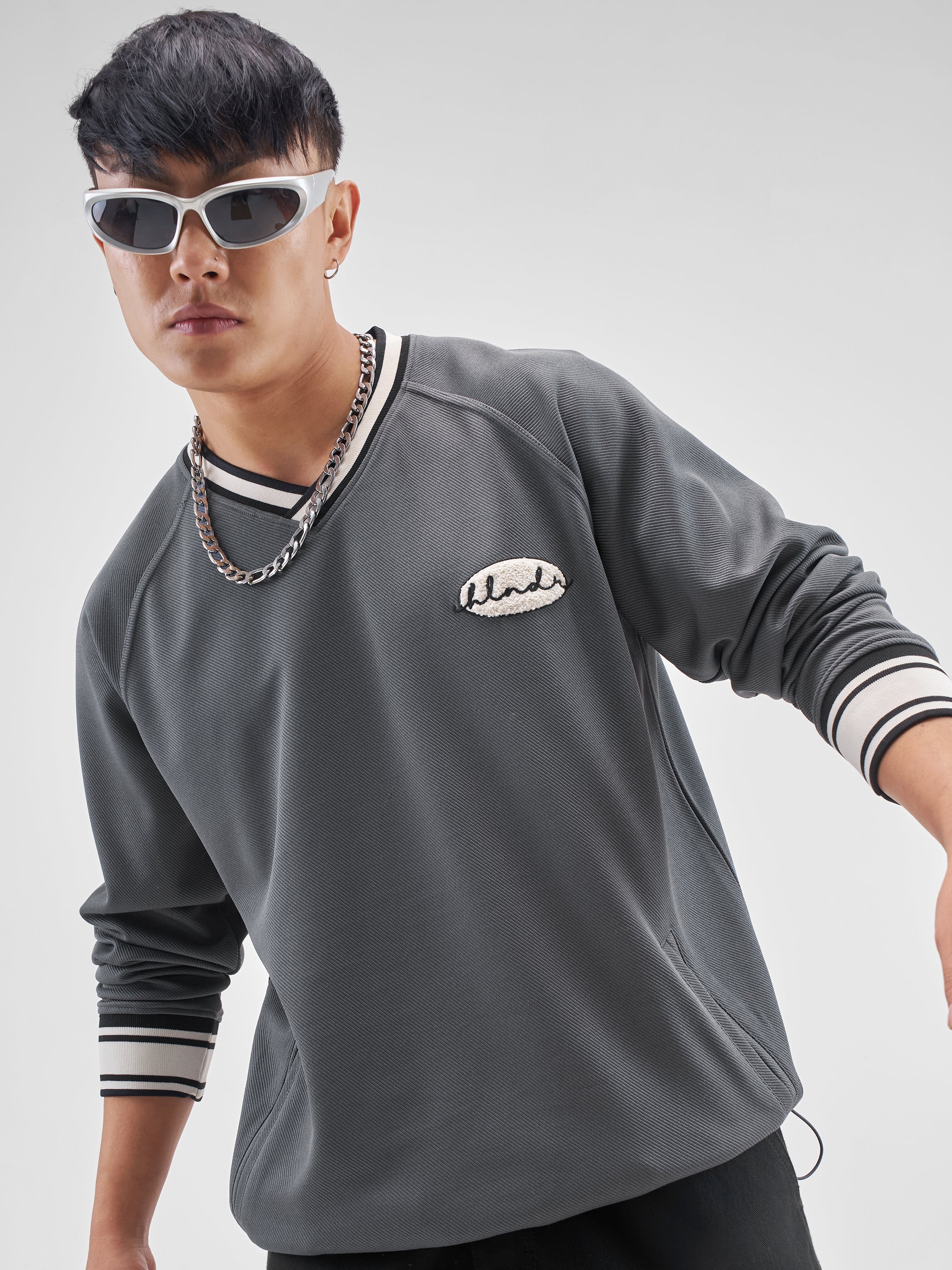 Highlander Men Grey Self Design V-Neck Oversized Fit T-Shirt - Grey - Image 1