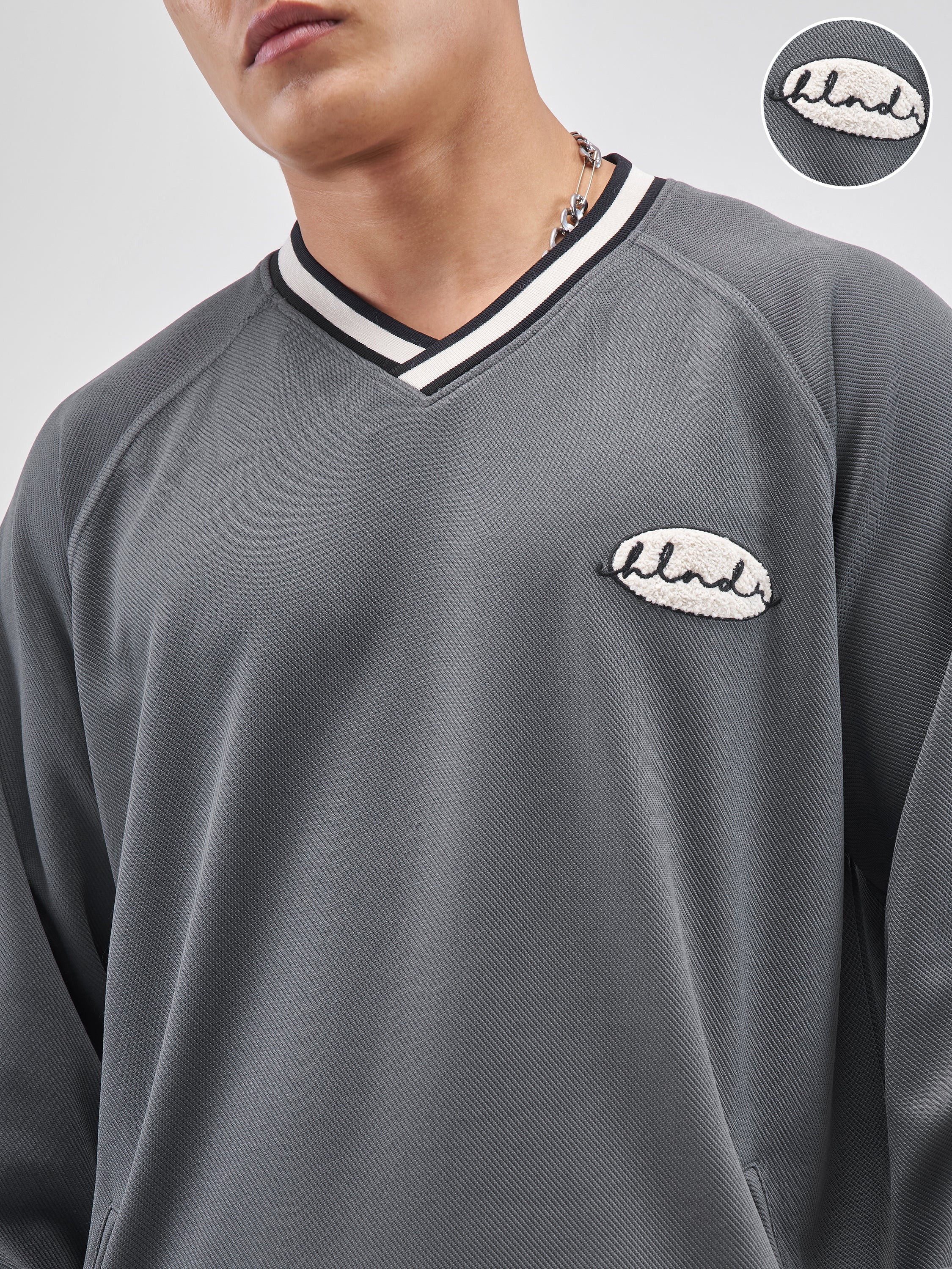 Highlander Men Grey Self Design V-Neck Oversized Fit T-Shirt - Grey - Image 5