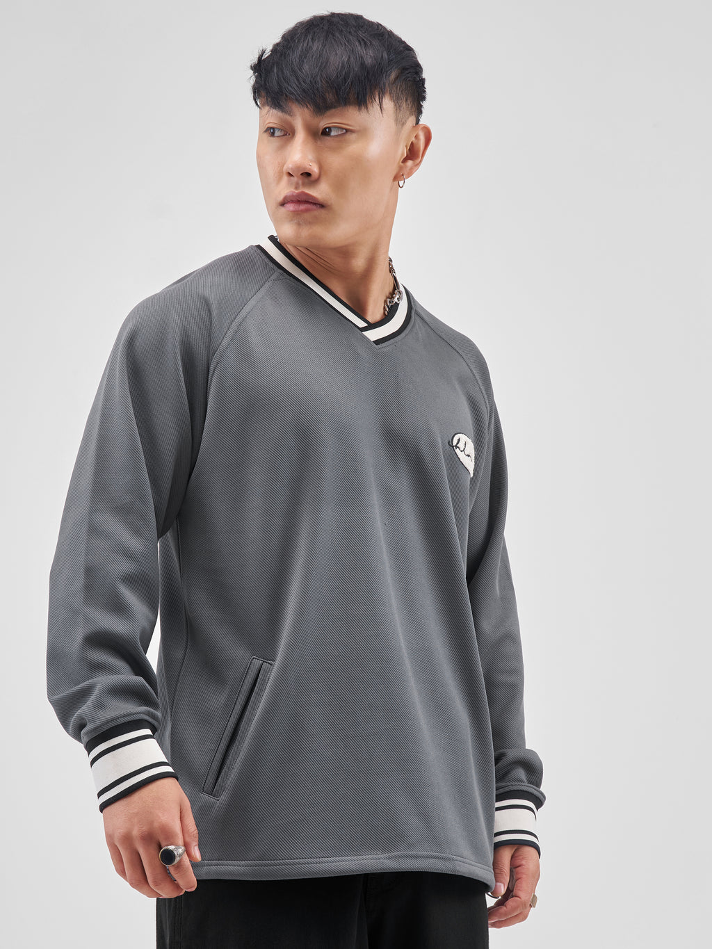 Highlander Men Grey Self Design V-Neck Oversized Fit T-Shirt - Grey - Image 6