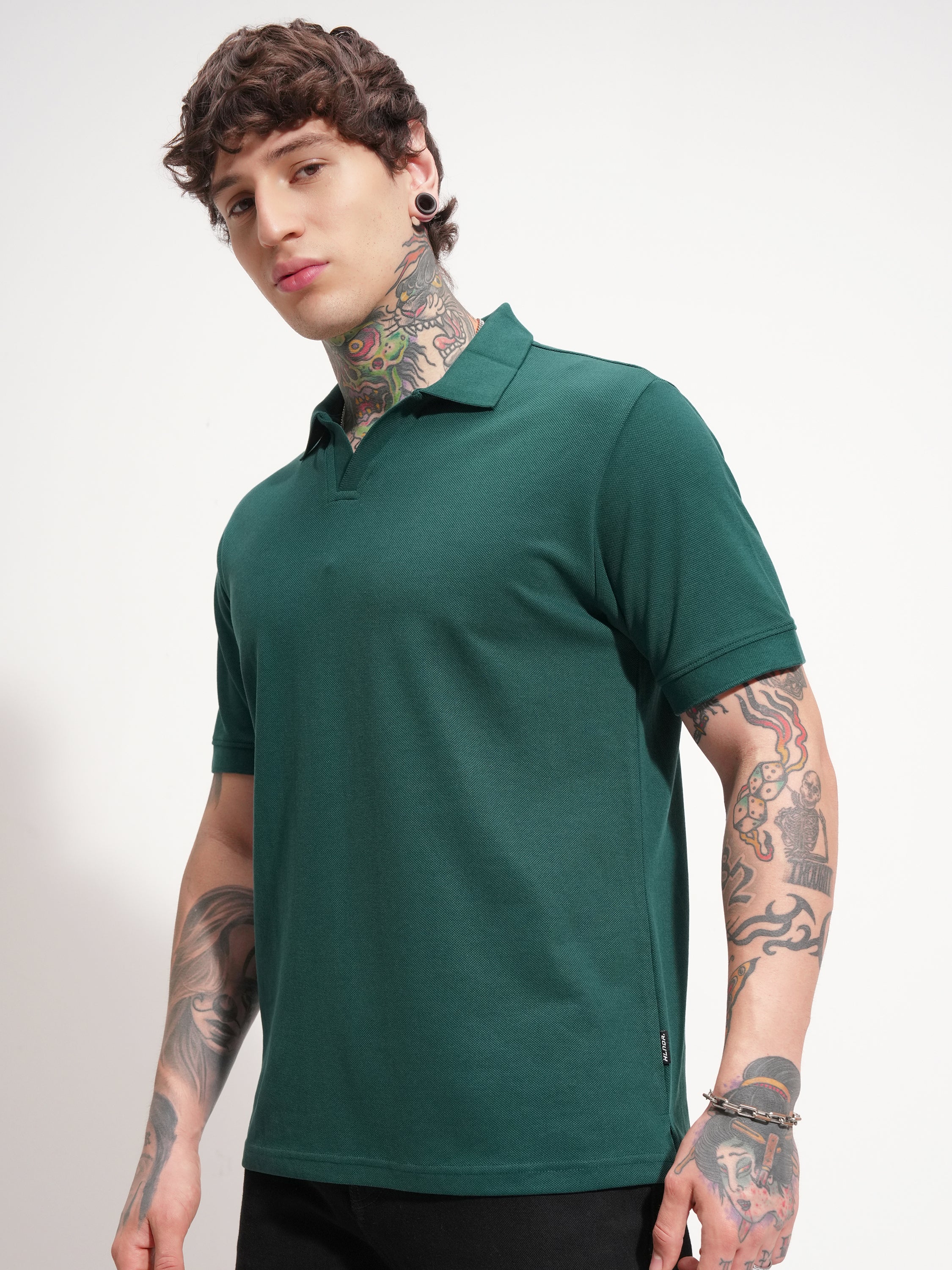 Highlander Men Teal Solid Polo Collar T-Shirt - Teal - Image 4