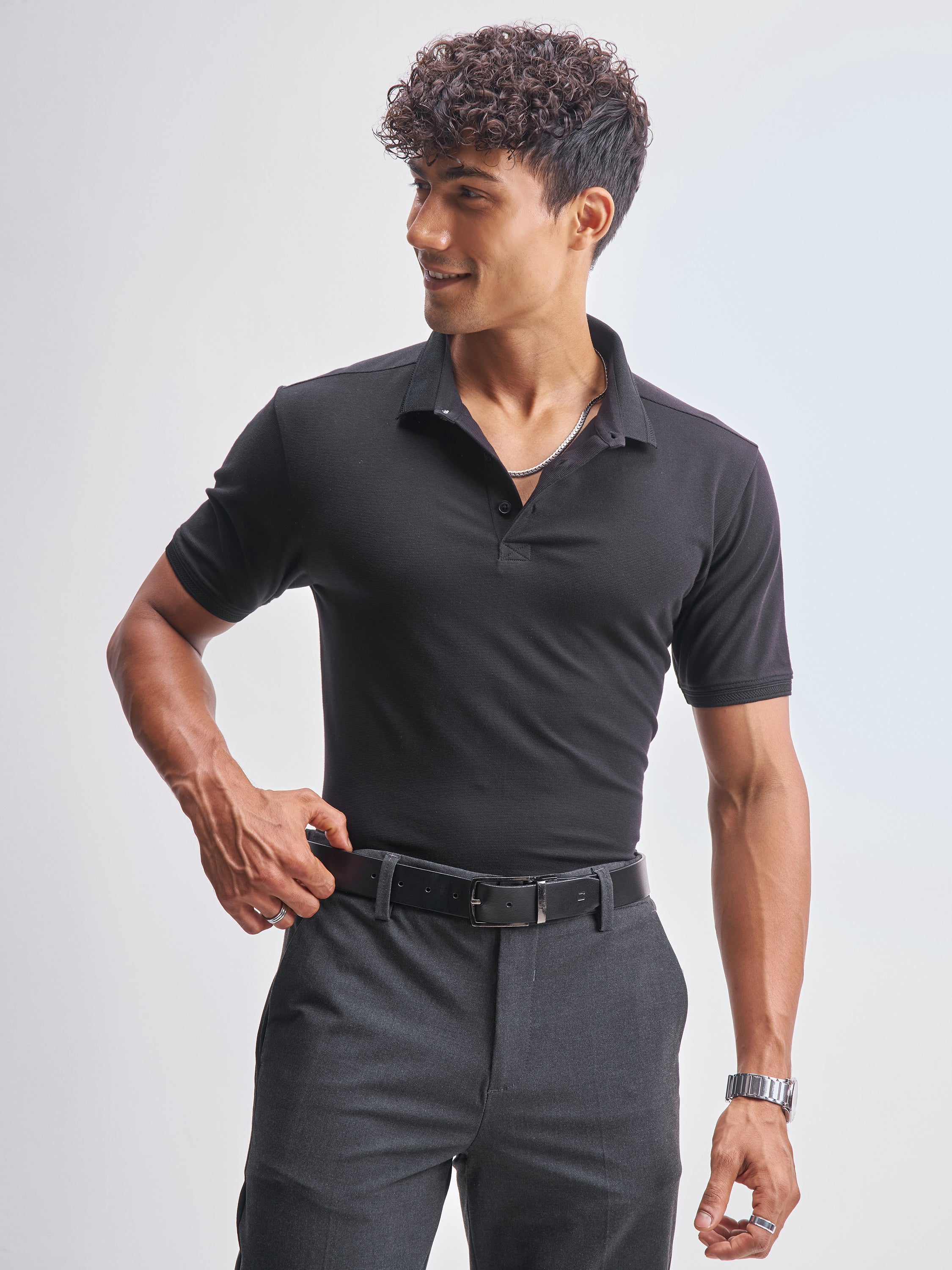 Highlander Men Black Solid Polo Collar T-Shirt - Black - Image 1