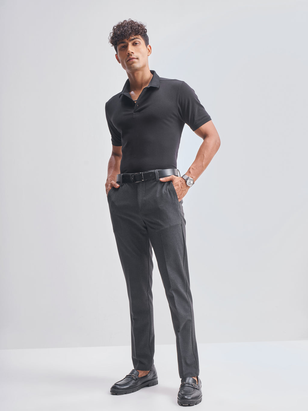 Highlander Men Black Solid Polo Collar T-Shirt - Black - Image 2