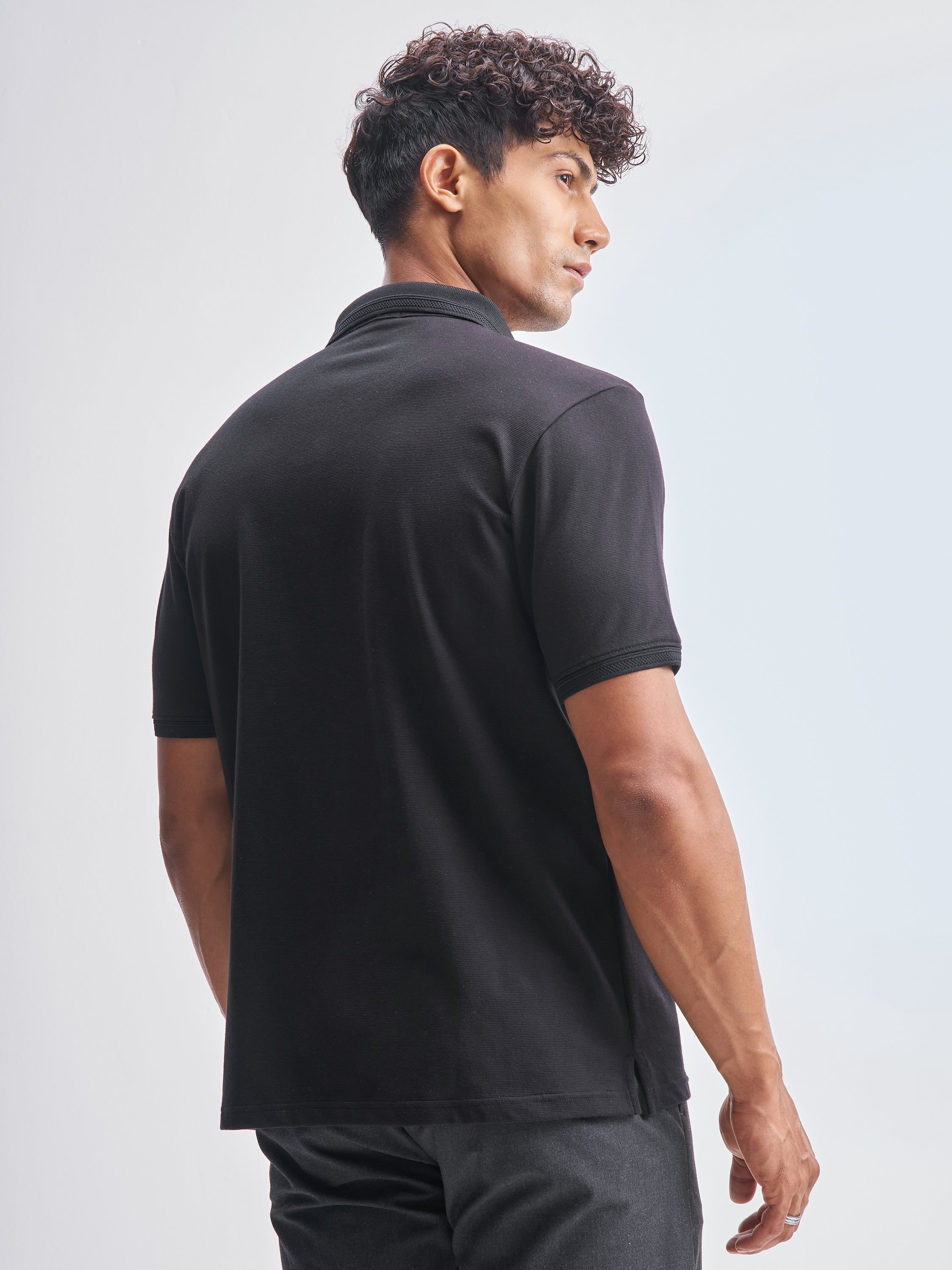 Highlander Men Black Solid Polo Collar T-Shirt - Black - Image 3