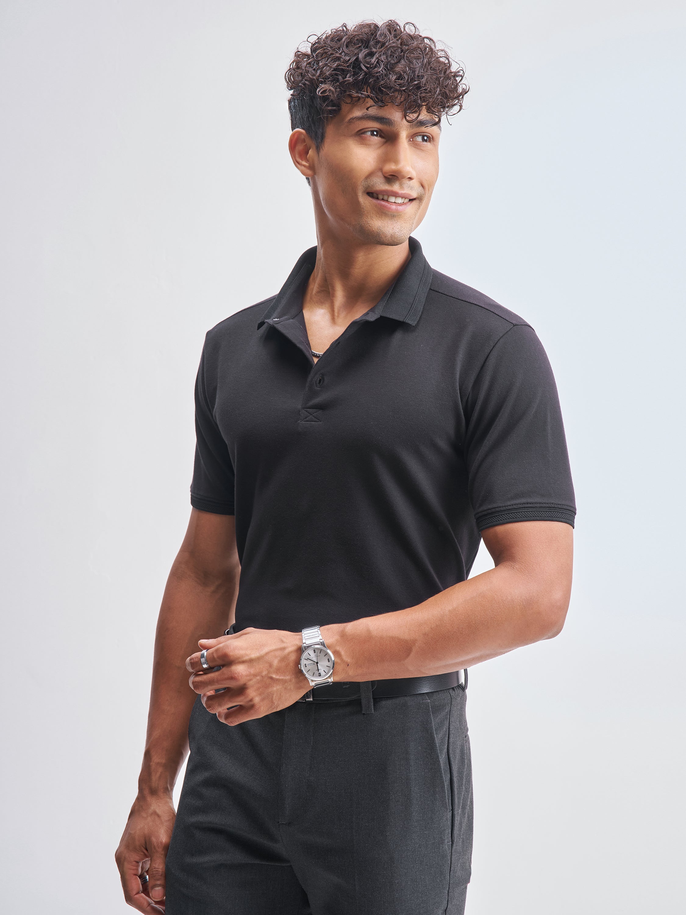 Highlander Men Black Solid Polo Collar T-Shirt - Black - Image 4