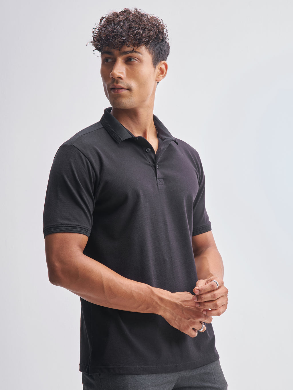 Highlander Men Black Solid Polo Collar T-Shirt - Black - Image 6