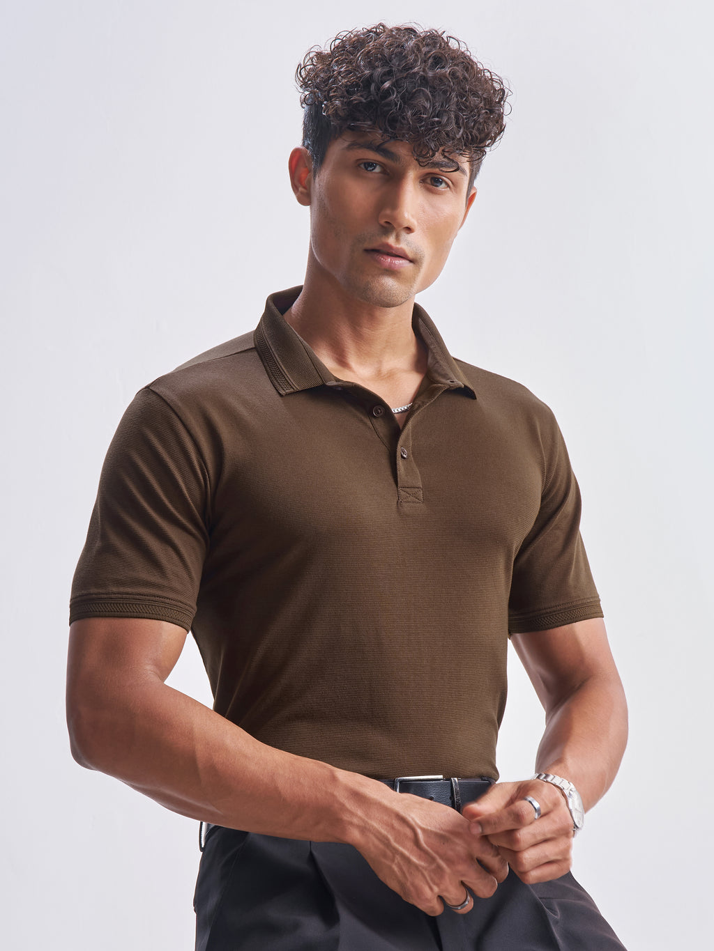 Highlander Men Brown Solid Polo Collar T-Shirt - Brown - Image 1