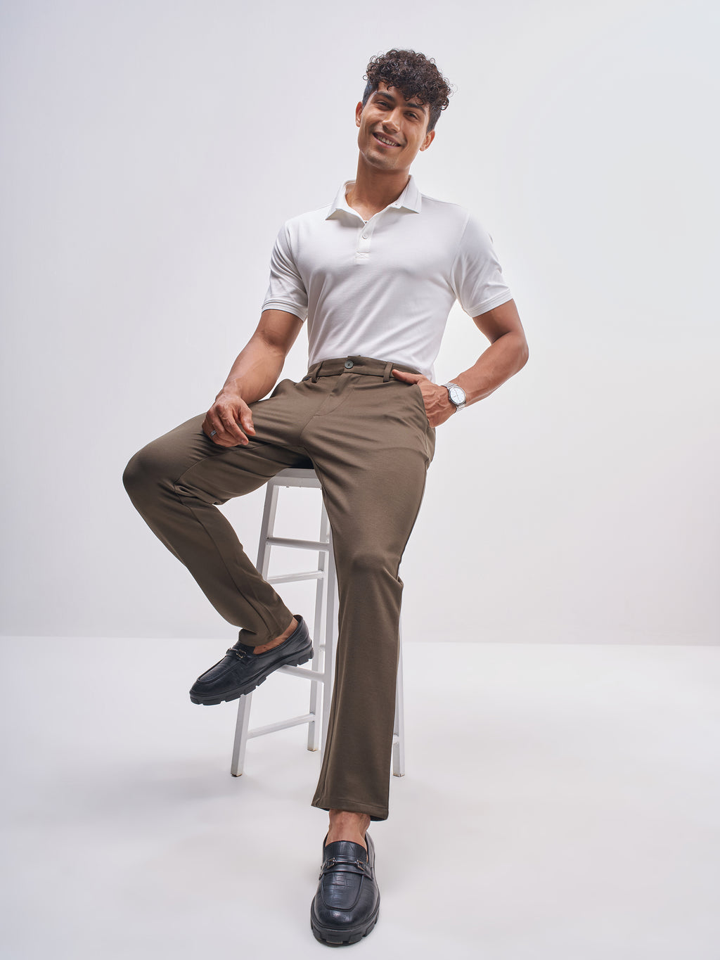 Highlander Men White Solid Polo Collar T-Shirt - White - Image 2